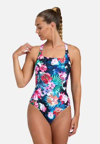ARENABustier Sportski kupaći kostim 'FLOWER' - plava boja: prednji dio