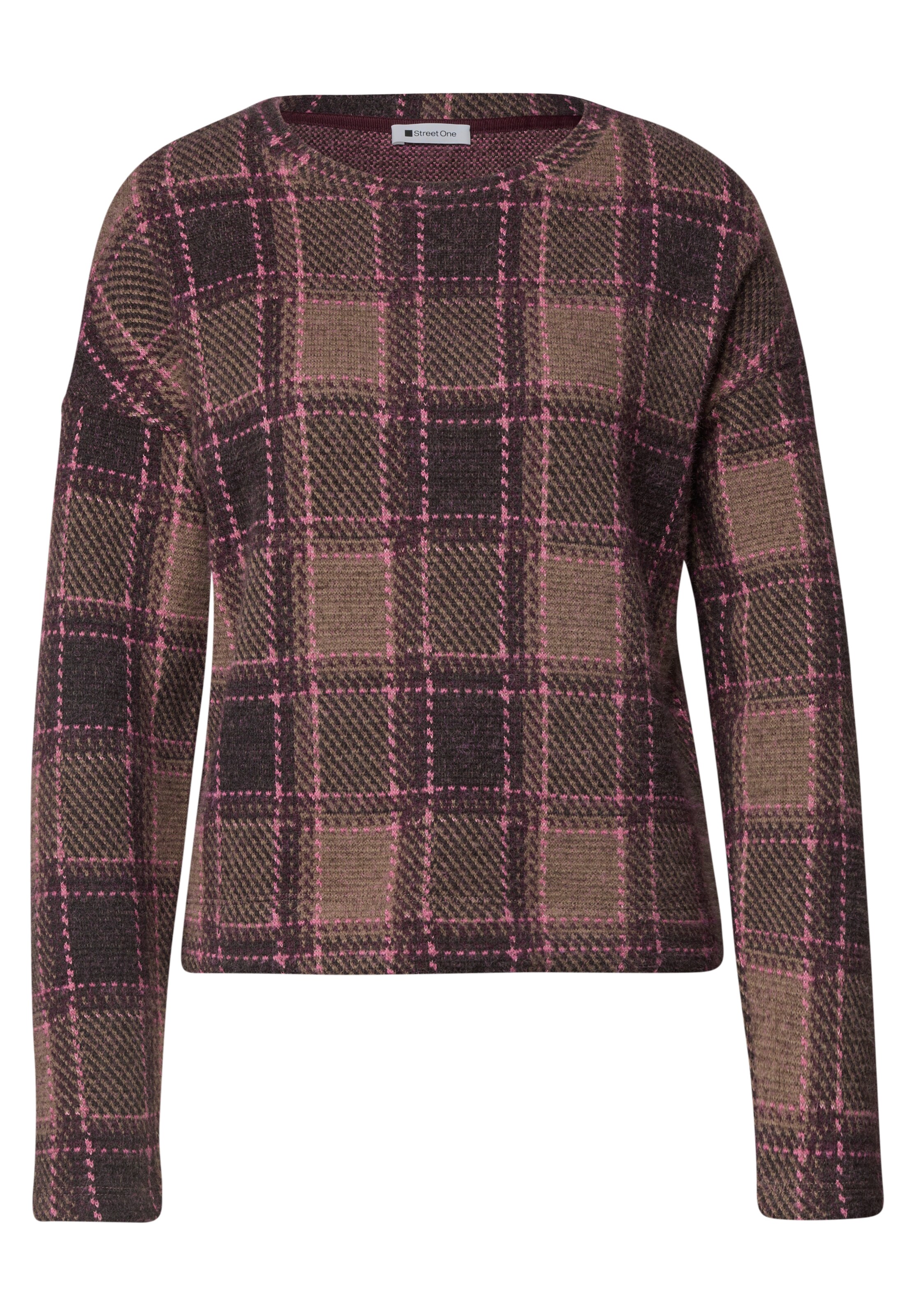 STREET ONE Langarm Shirt mit Rundhals und Karomuster in XS in sand, Produktansicht
