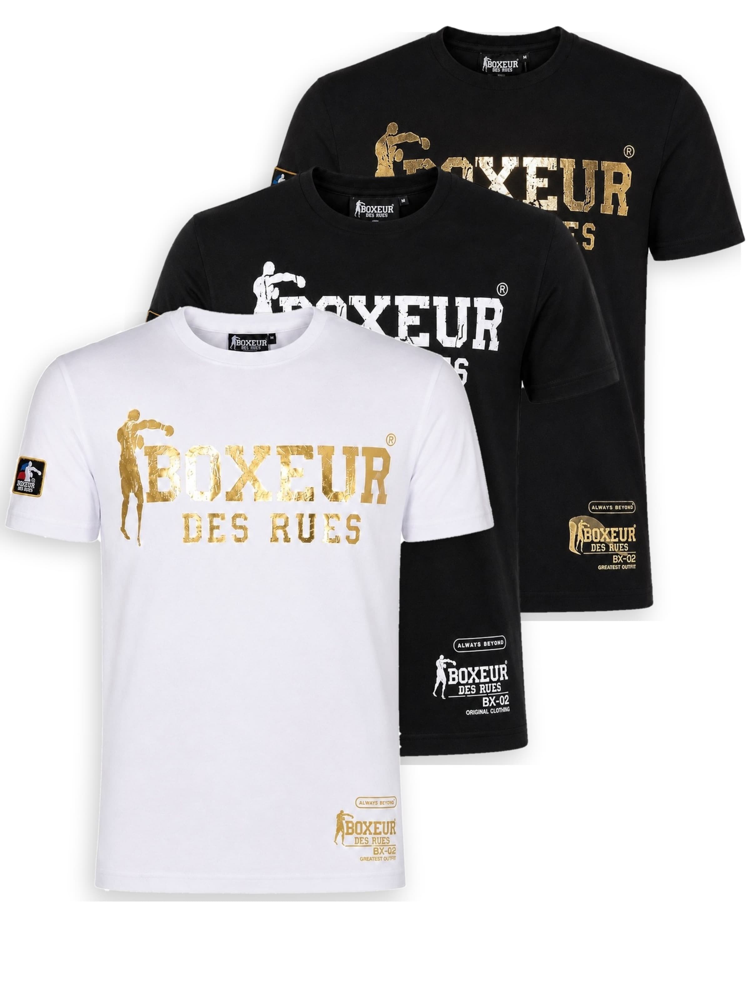Boxeur des Rues Shirt 'Herren T-Shirt 3er-Pack Boxeur des Rues Slim Fit: Weiß, Goldenes Logo + Schwarz, Weißes Logo + Schwarz, Goldenes Logo' in Gemengde kleuren: voorkant