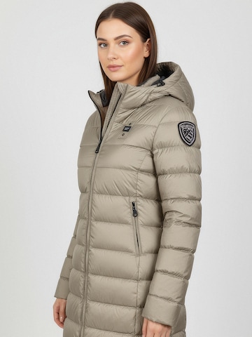 Blauer Wintermantel in Grau