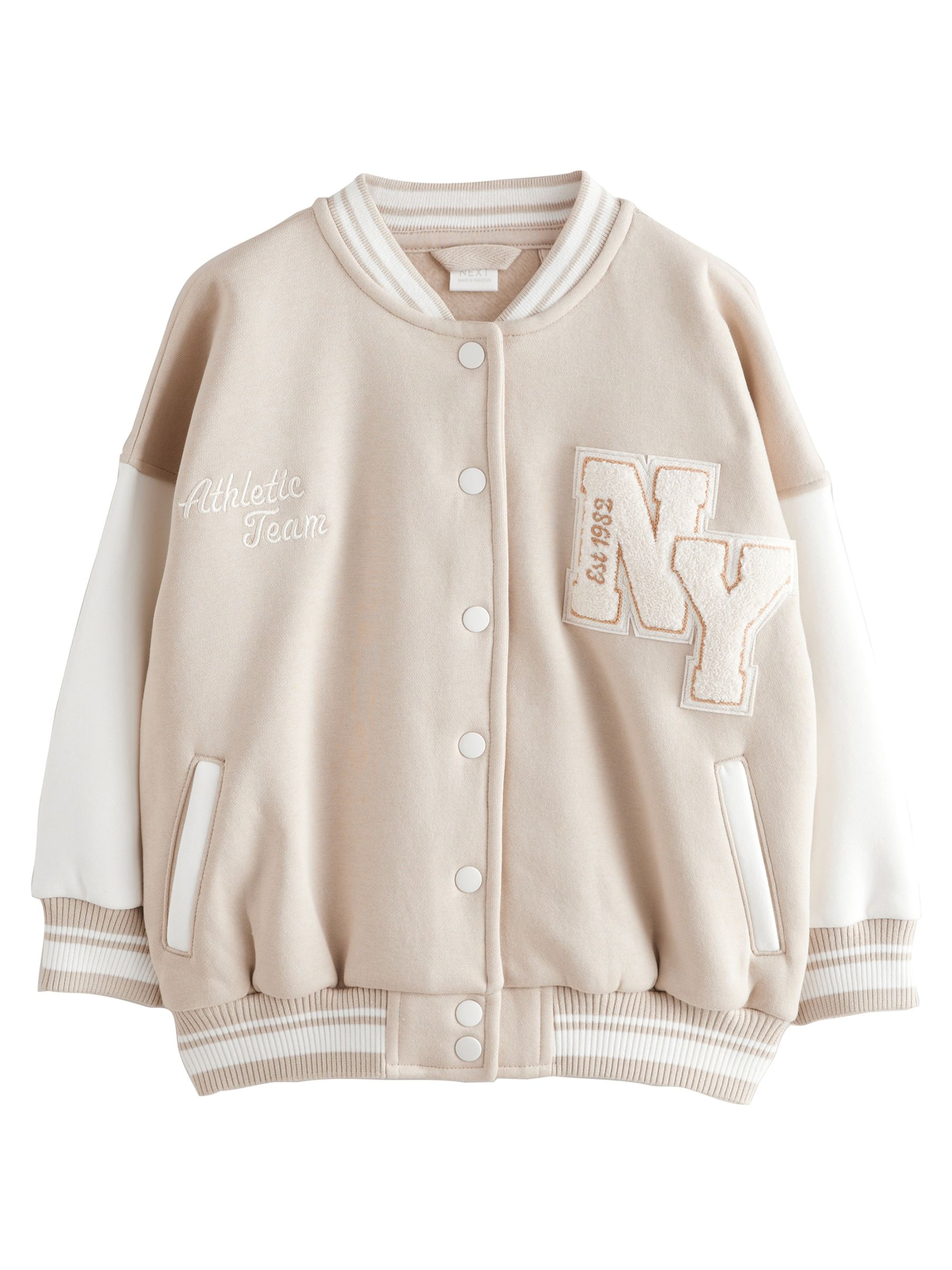 Next Välikausitakki 'Bestickte Varsity' värissä beige: etupuoli