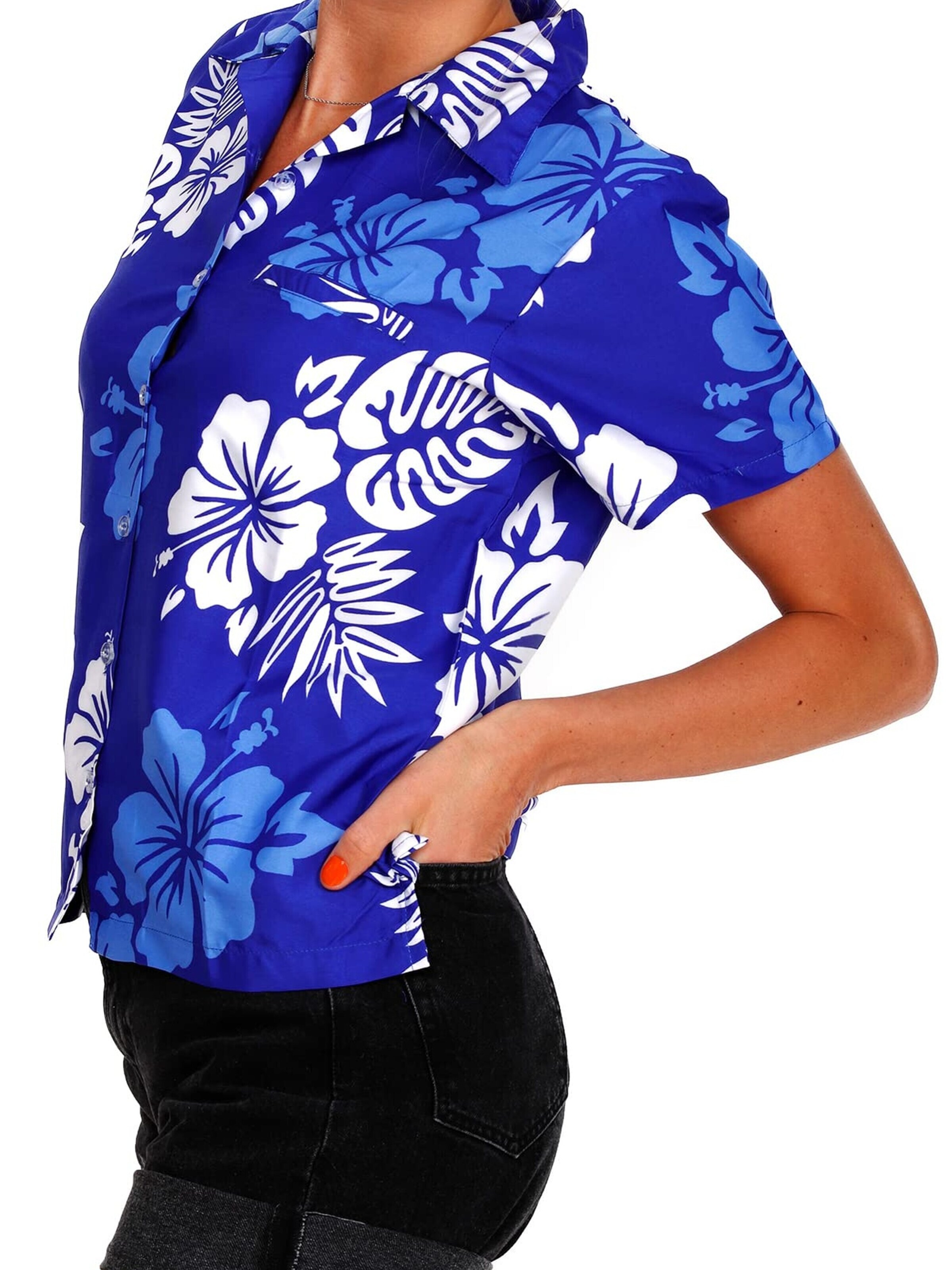 Camicia da donna 'Mono Hibiscus' di King Kameha in blu