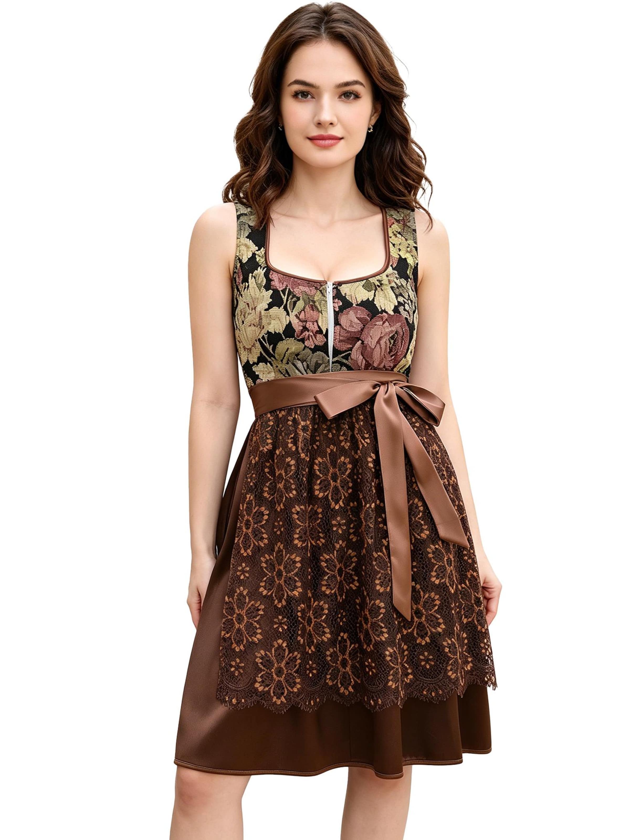 KoJooin Dirndl 'Damen 2-Teiliges Dirndl-Stil Set Mit Jacquardkleid, Satinakzenten Und Schürze'‌‌‌‌‌‌‌‌‌ in Braun: Vorderseite