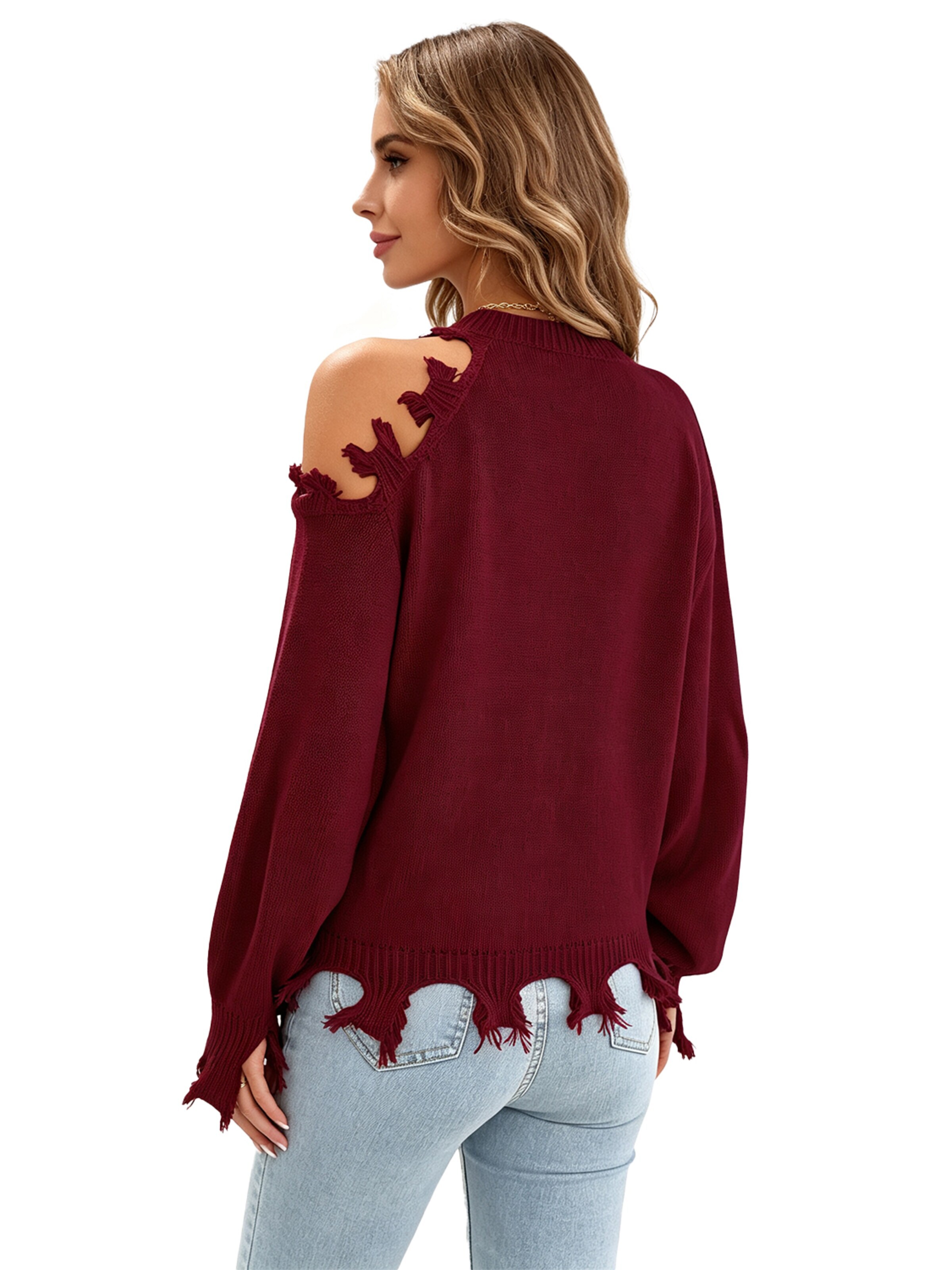 KoJooin Sweter 'Damen Oversize Off-Shoulder Strickpullover Langarm Rundhals Look und Kuschelweichem Material' w kolorze czerwony