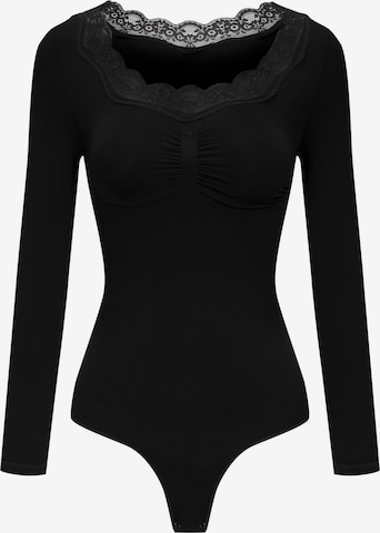cfab - Body modelador 'Lace Bodysuit Sculpting Shapewear Longsleeve mit String' em preto: frente
