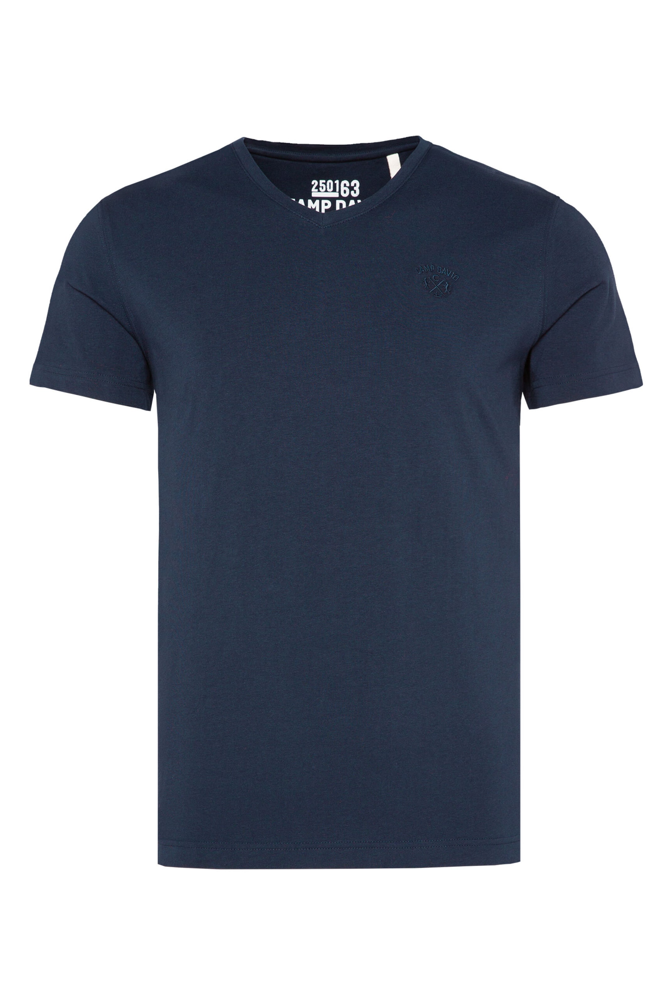 Männer Große Größen CAMP DAVID Basic T-Shirt mit V-Ausschnitt und Logostick in Blau - UE43692