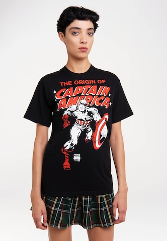 LOGOSHIRT Shirt 'The Origin Of Captain America' in Black: front