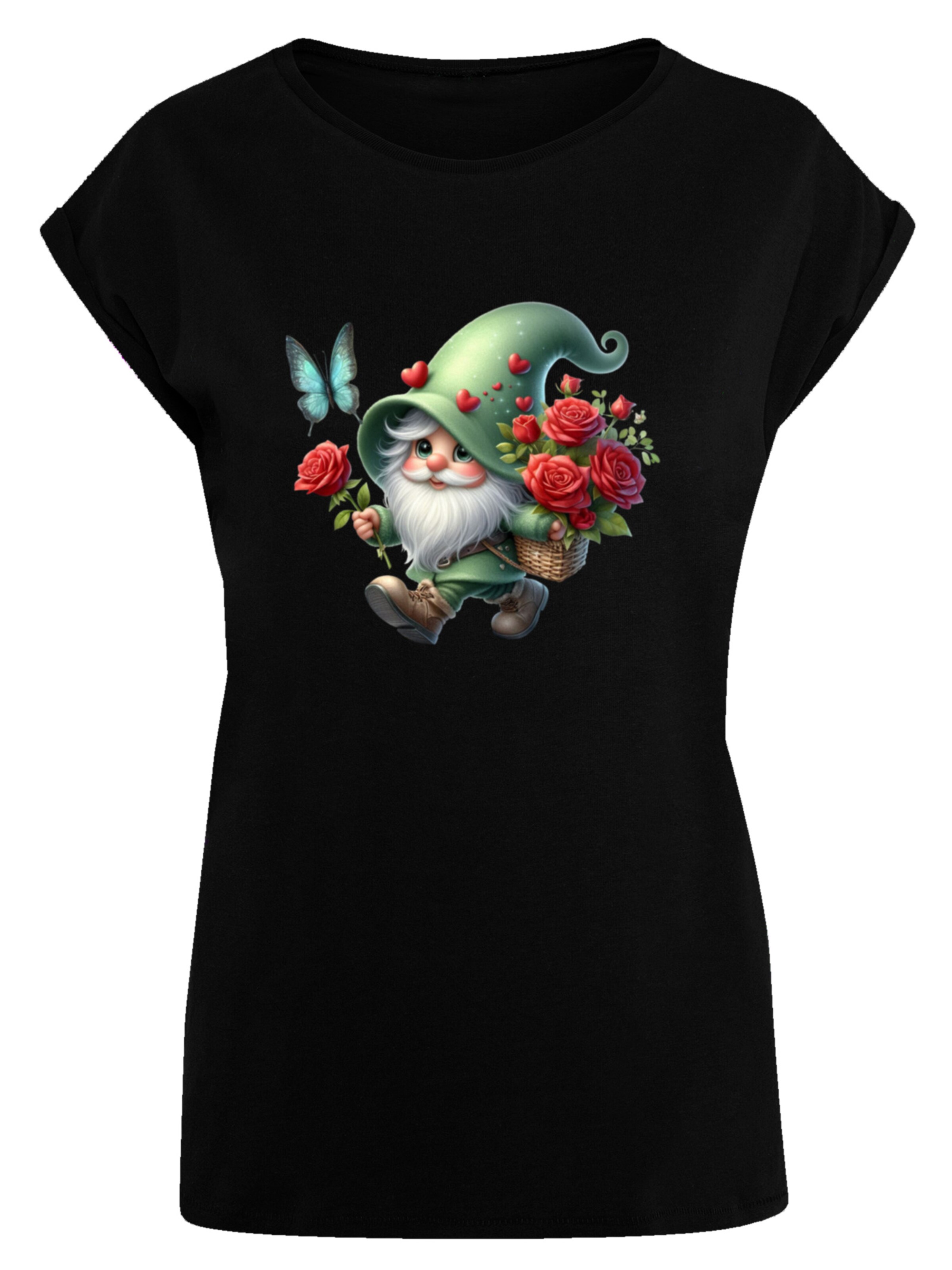 F4NT4STIC Shirt 'Gnom Frühling Blumen Schmetterling' in Zwart: voorkant