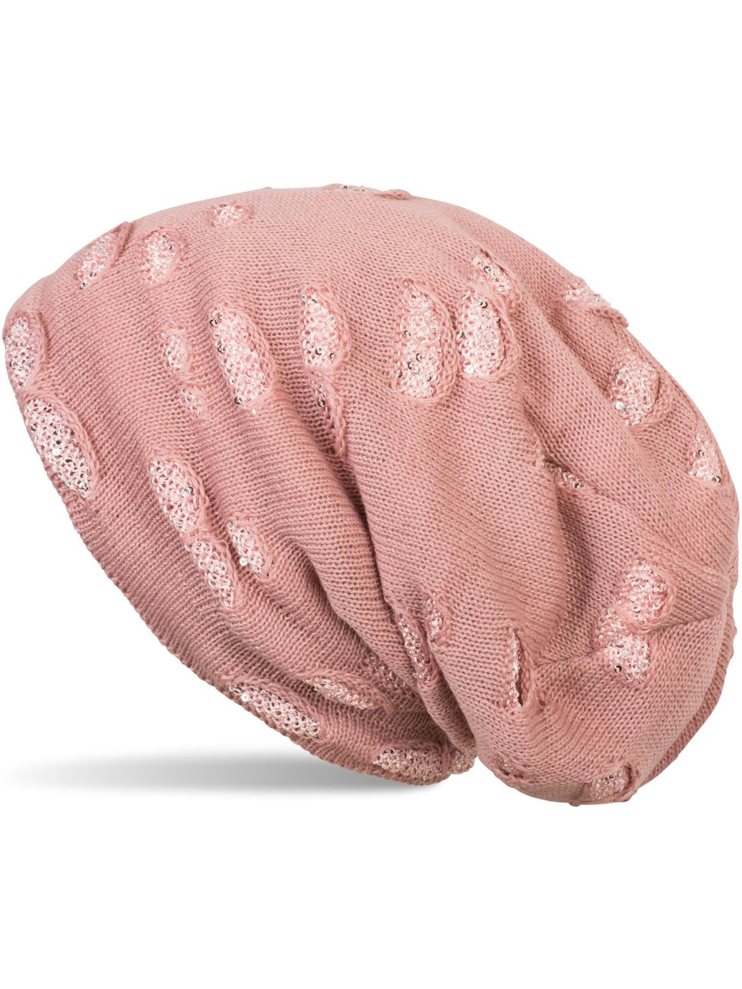 styleBREAKER Mütze 'Feinstrick Beanie mit Pailletten im Destroyed Look'‌‌‌‌‌‌‌‌‌ in Pink: Vorderseite