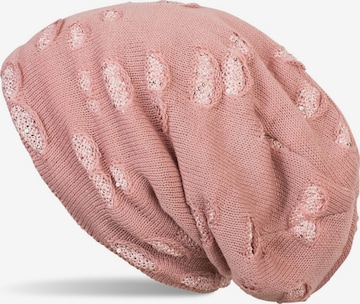 styleBREAKER Mütze 'Feinstrick Beanie mit Pailletten im Destroyed Look' in Pink: Vorderseite