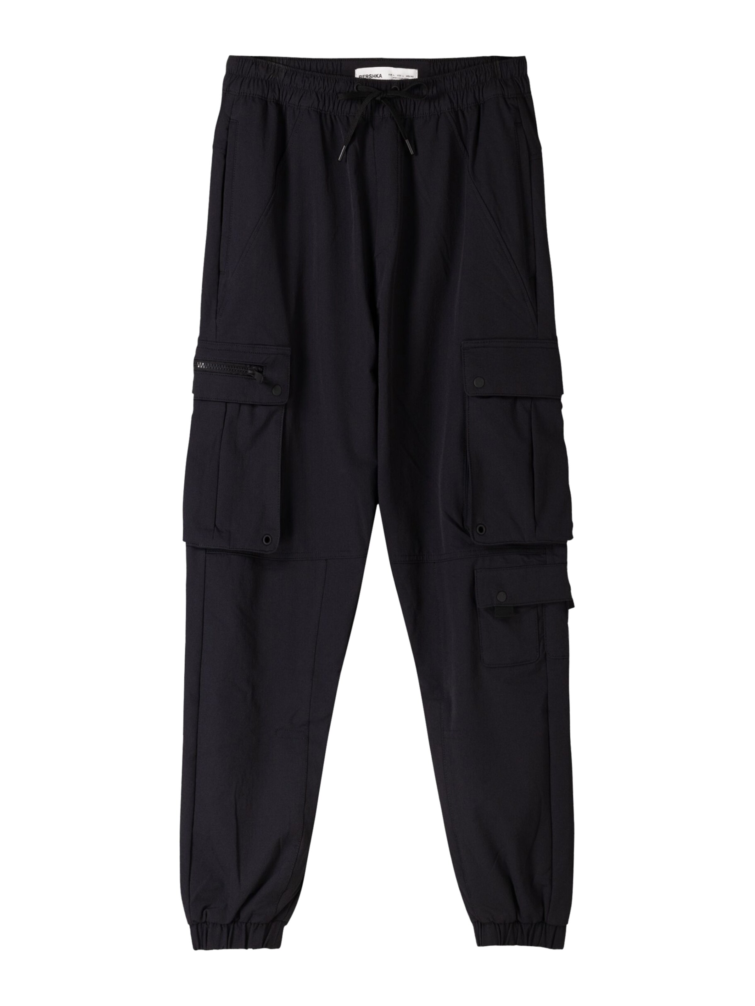 Bershka Tapered Cargo trousers in Black: front