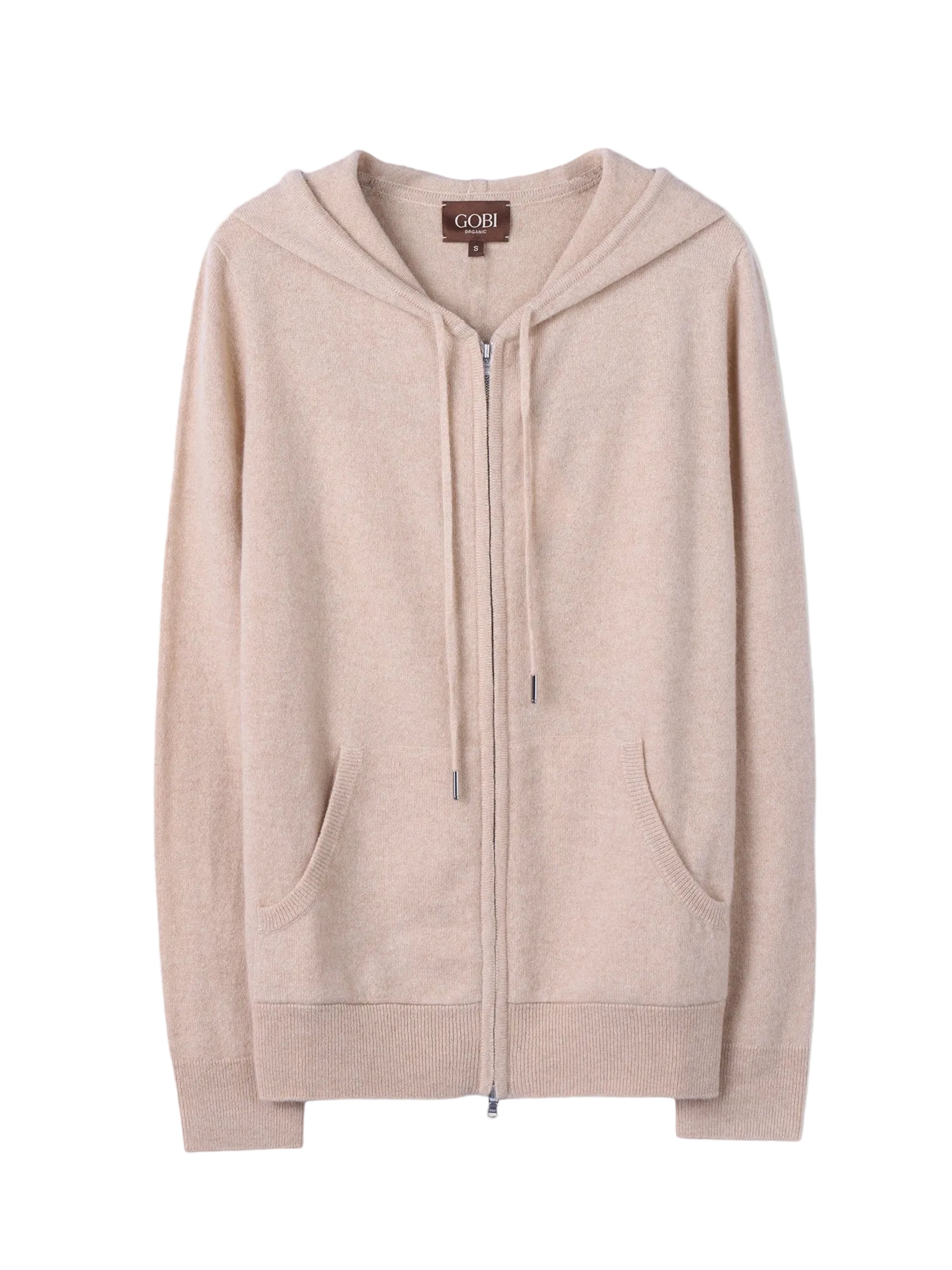 GOBI Cashmere Sweater 'Organic Colour Woman Zipper Hoodie with Smiley Pocket' in Beige: front