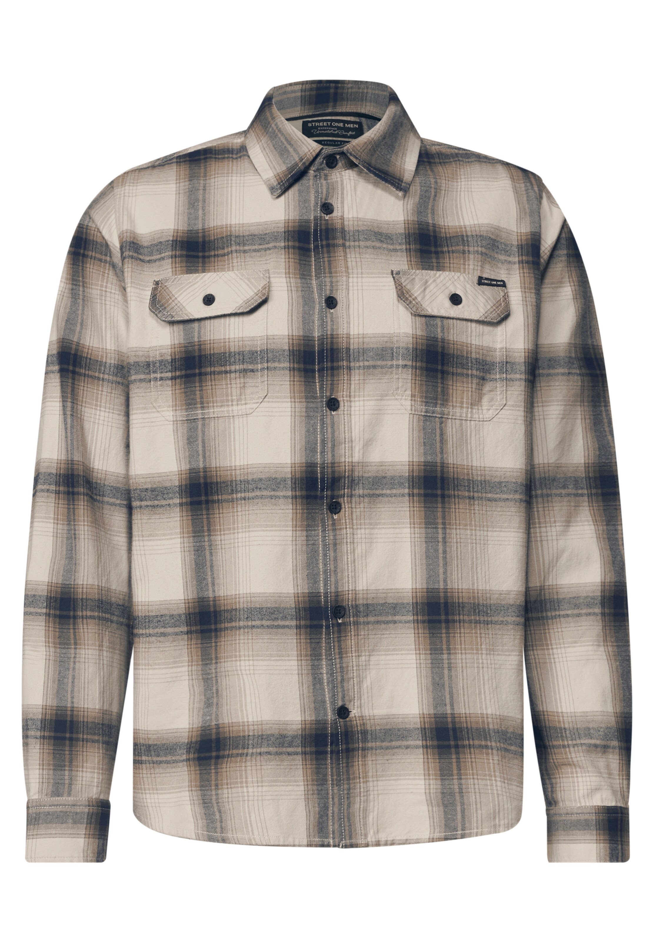 Street One MEN Regular Fit Langarm Hemd mit Karomuster in Beige: Vorderseite