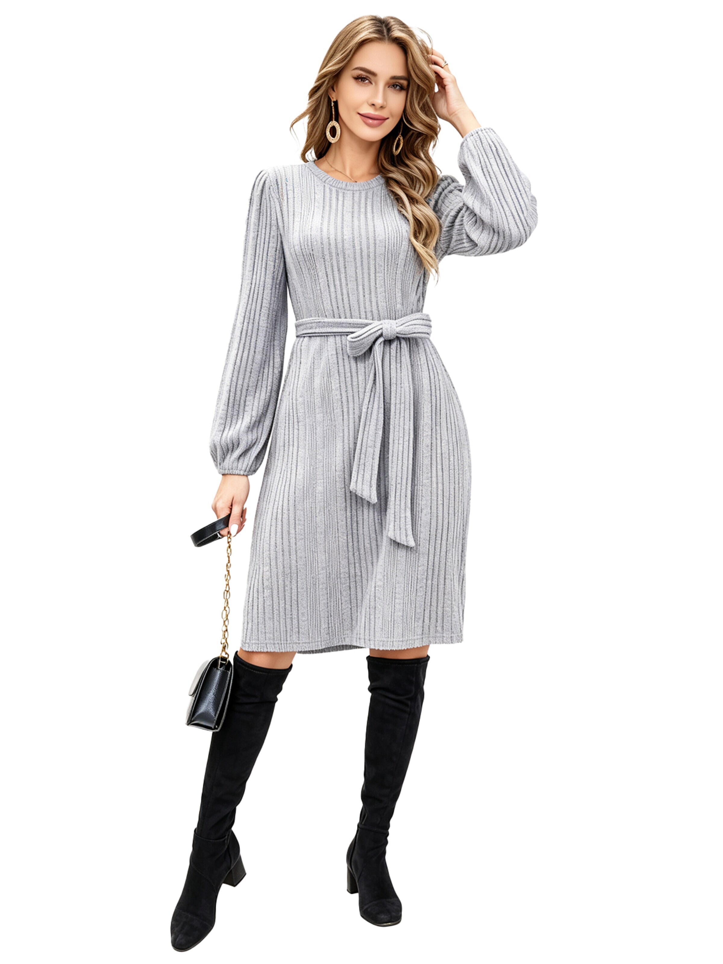 KoJooin Sukienka 'Damen Strickkleid für Herbst und Winter Lässiges,Rippstrick,Fließendes Kleid mit Gürtel für Arbeit' w kolorze szary