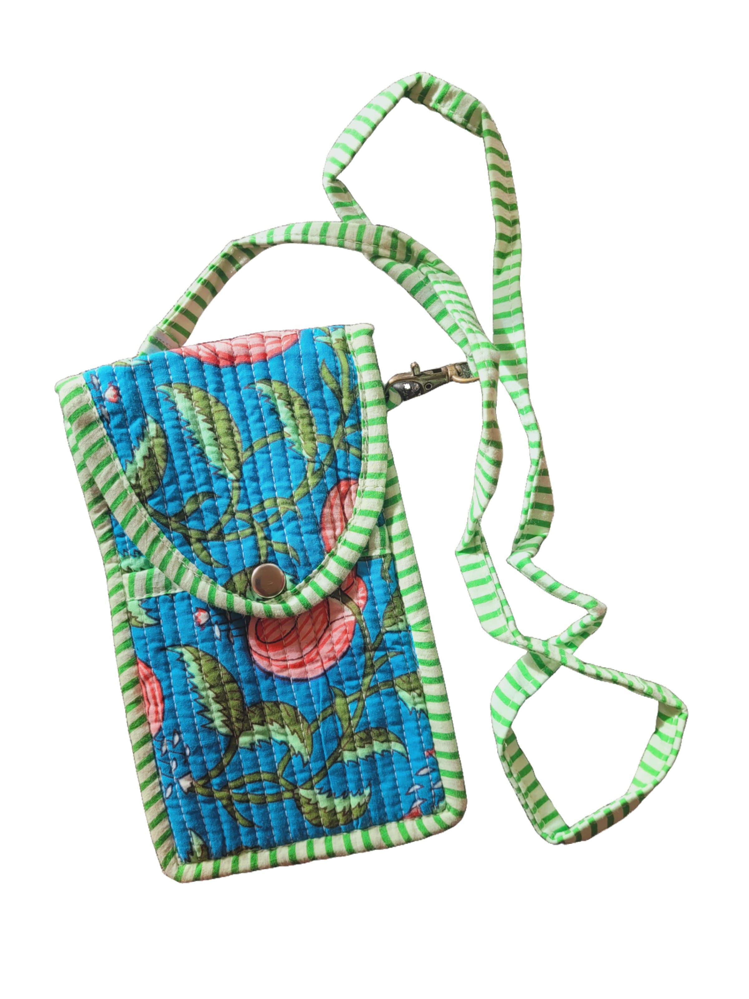PfauGermany Crossbody Bag 'Vintage Cotton Quilted  Mobile Sling Bag .Length:19cm Width:11cm' in Blue: front