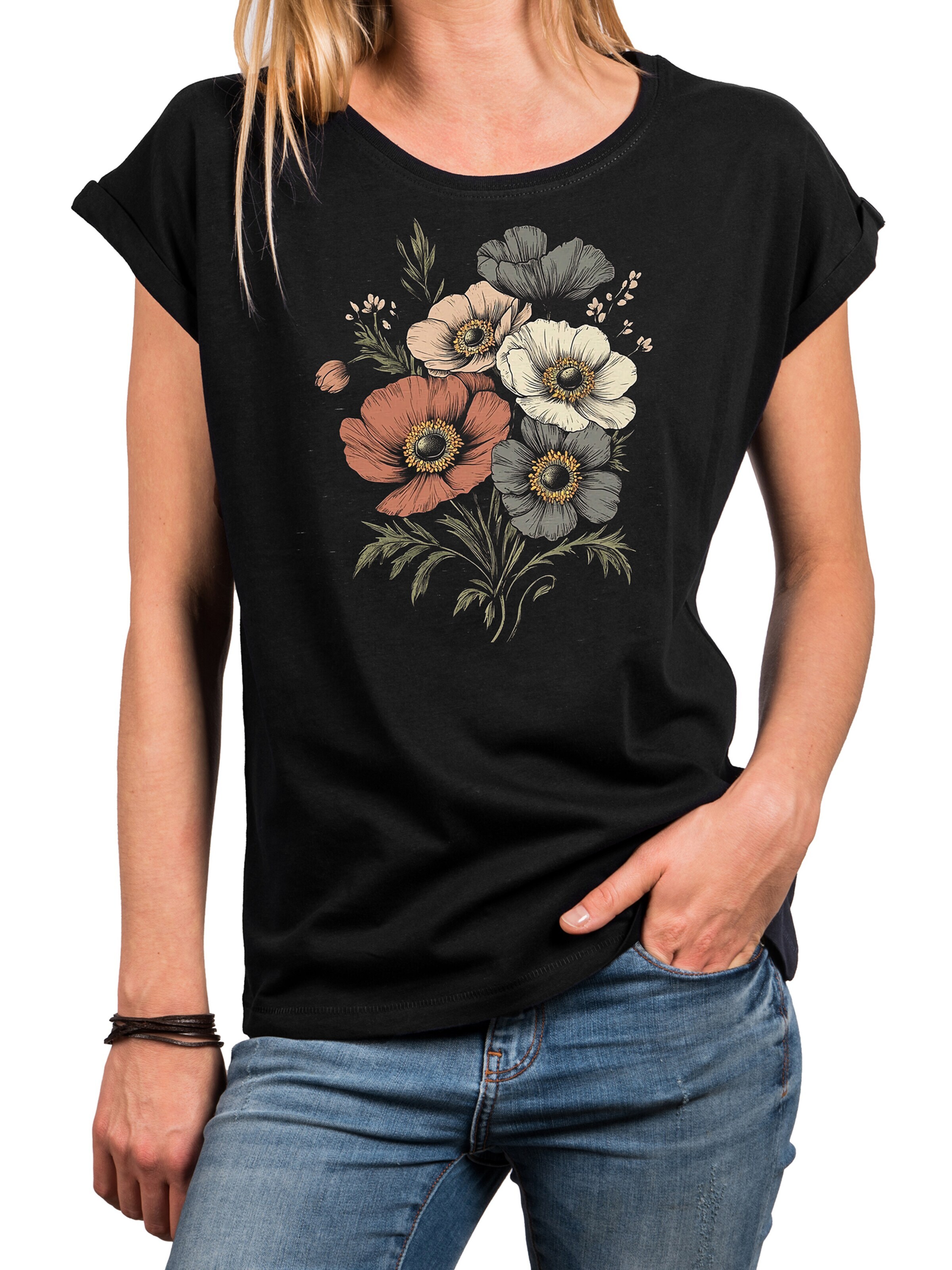MAKAYA Shirt 'Boho Poppies' in Black