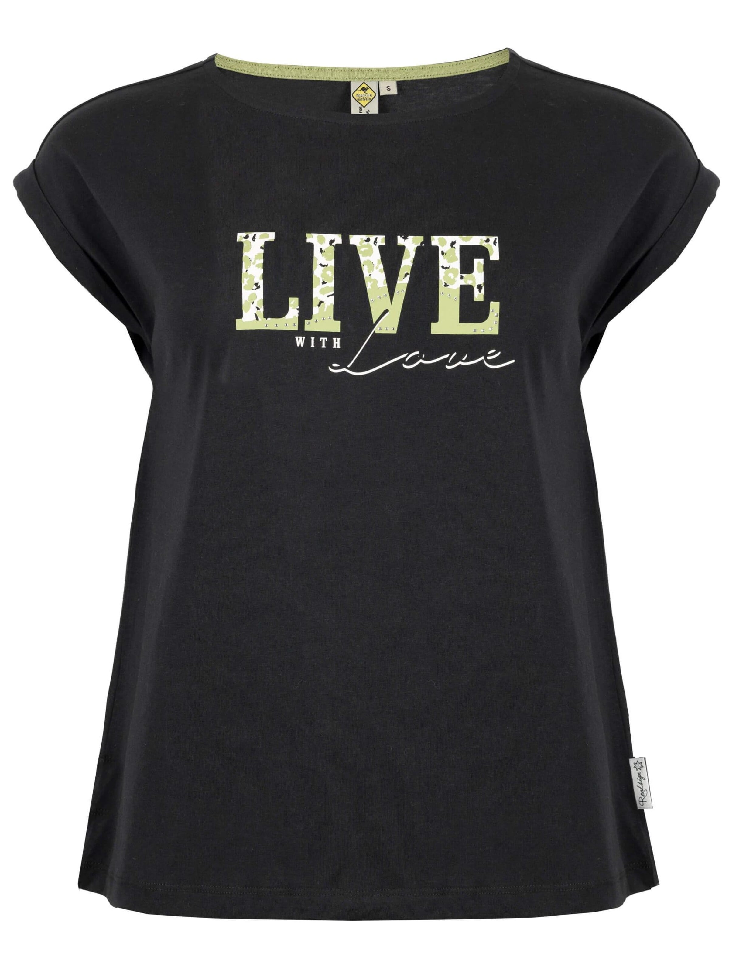 ROADSIGN australia Shirt 'T-Shirt Shine mit U-Boot-Ausschnitt & Strassprint' in Black: front