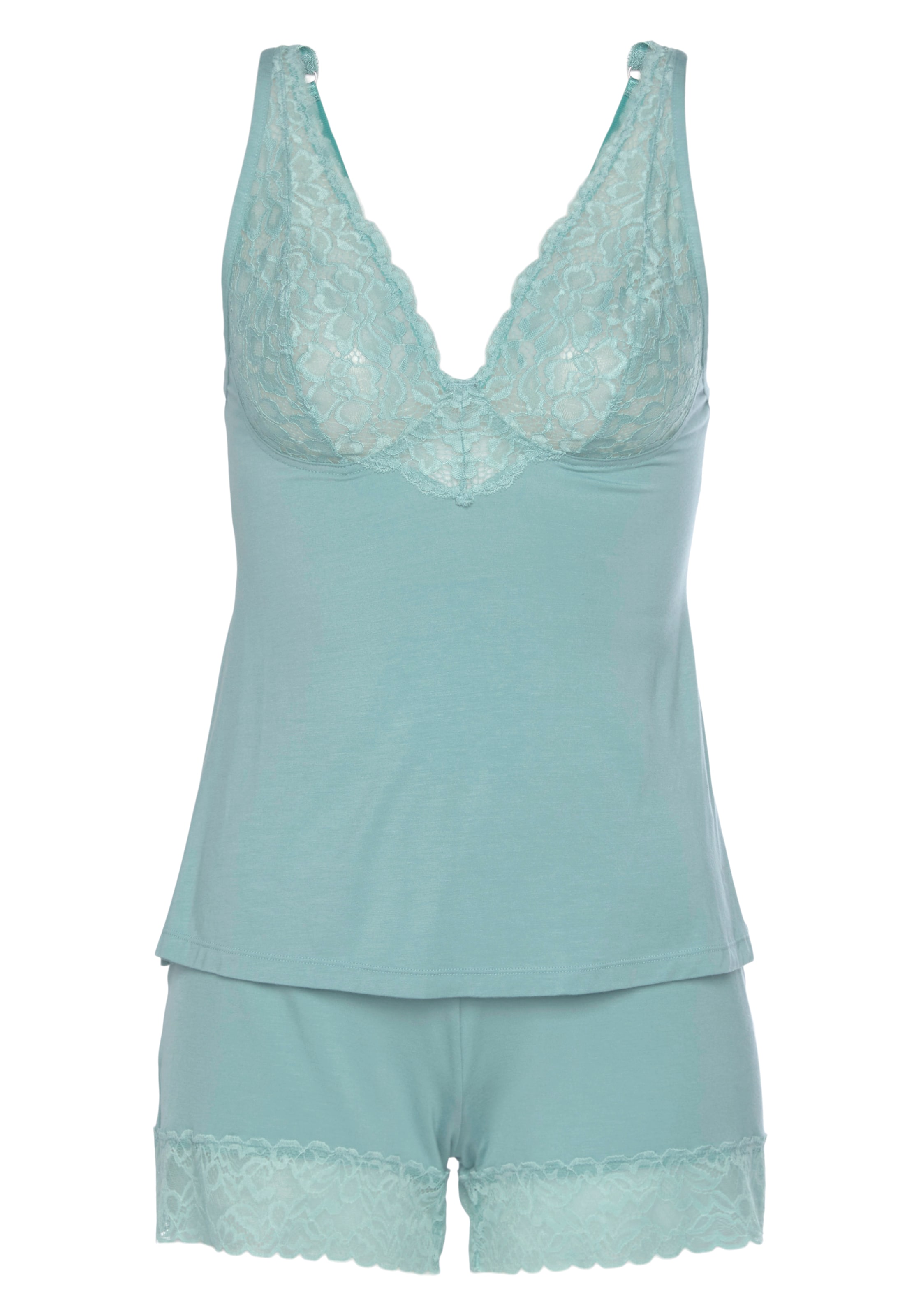 LASCANA Short Pajama Set 'Summer Lace' in Green: front