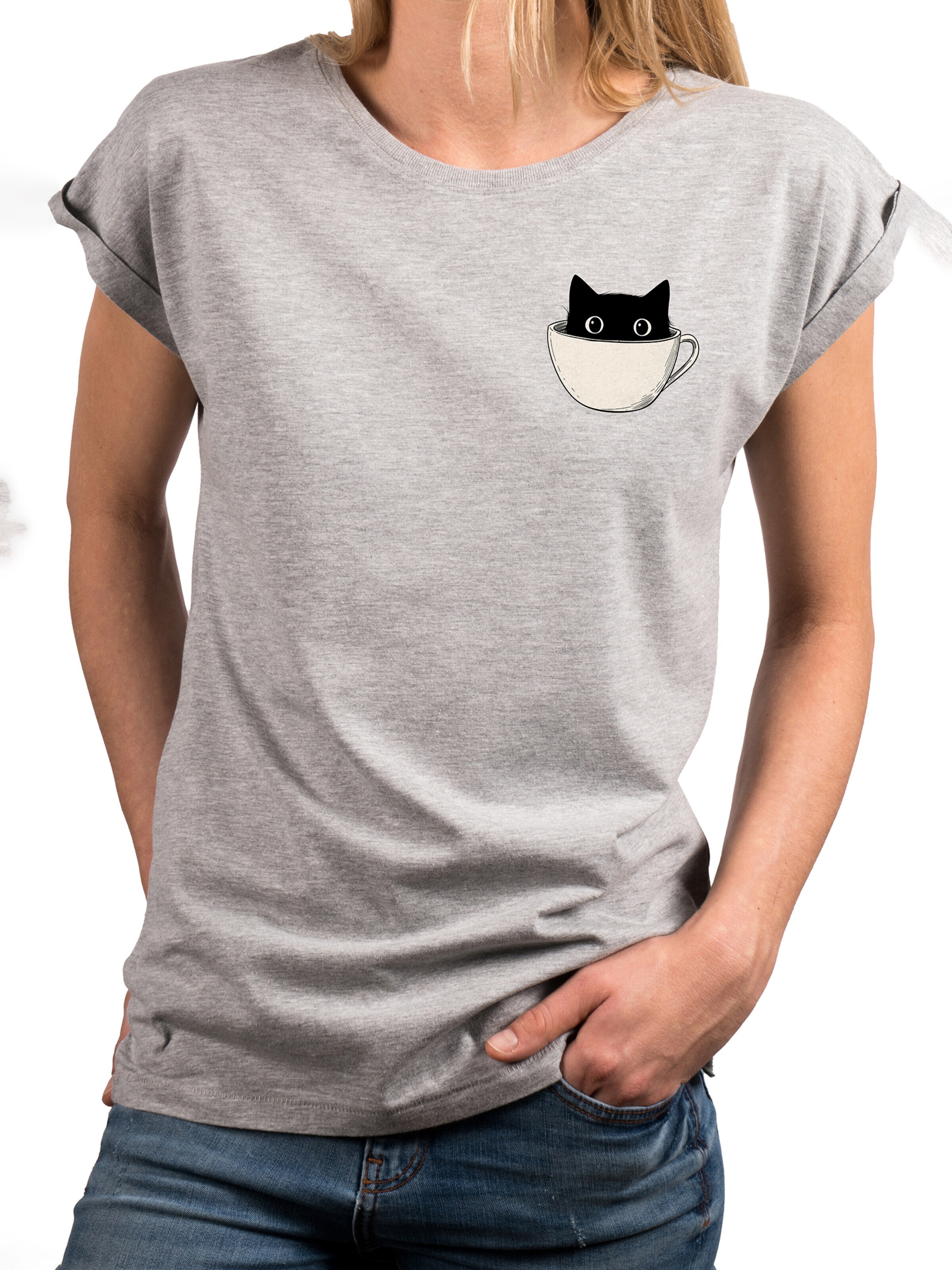 MAKAYA Shirt 'Cup Cat' in Grey
