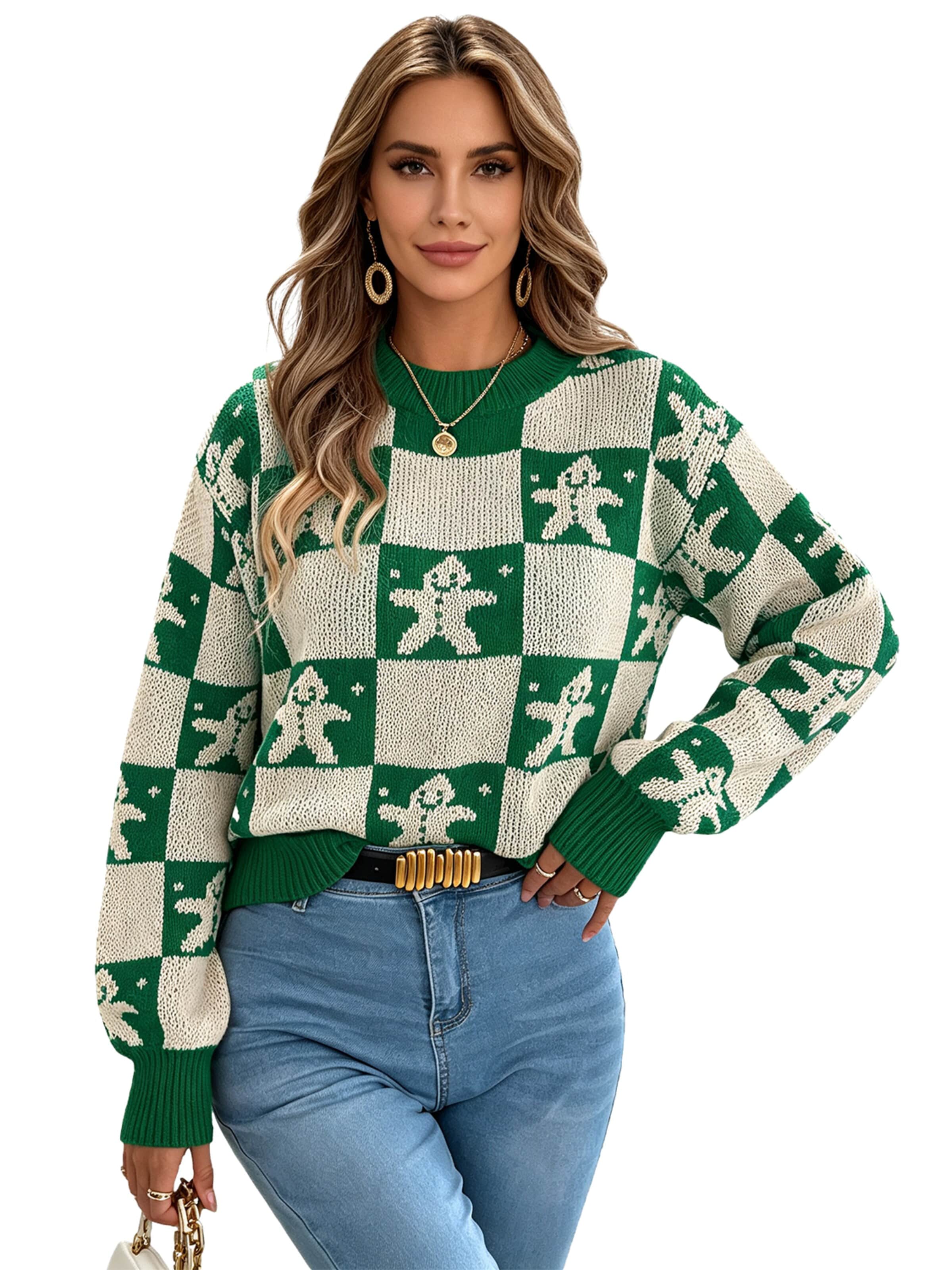 KoJooin Pullover 'Damen Weihnachtspullover mit Rentier- und Karomuster – Gemütlicher Langarm-Pullover mit Puffärmeln' in Grün