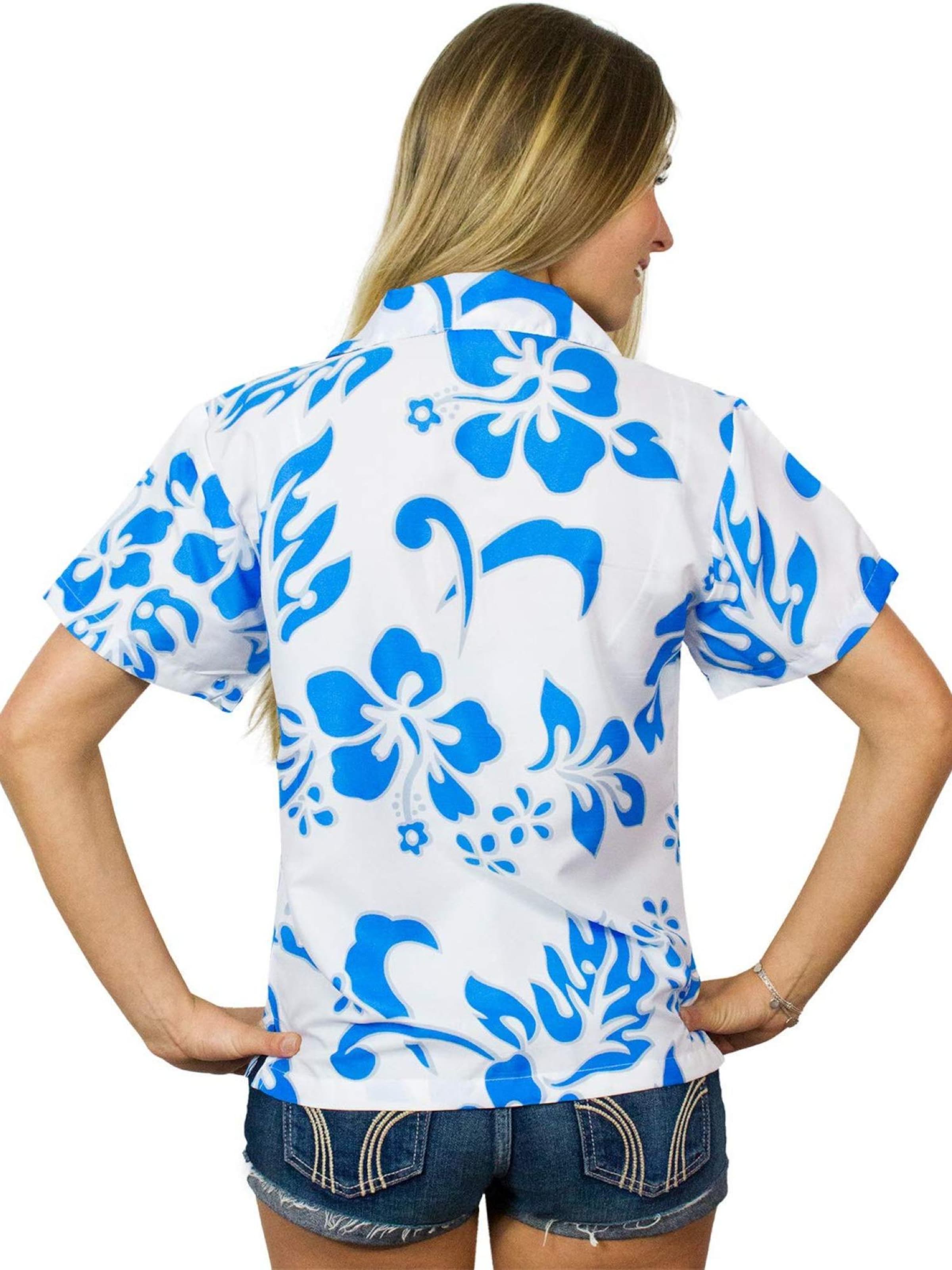 King Kameha Bluse 'Hibiscus White Line'‌‌‌‌‌‌‌ in Blau