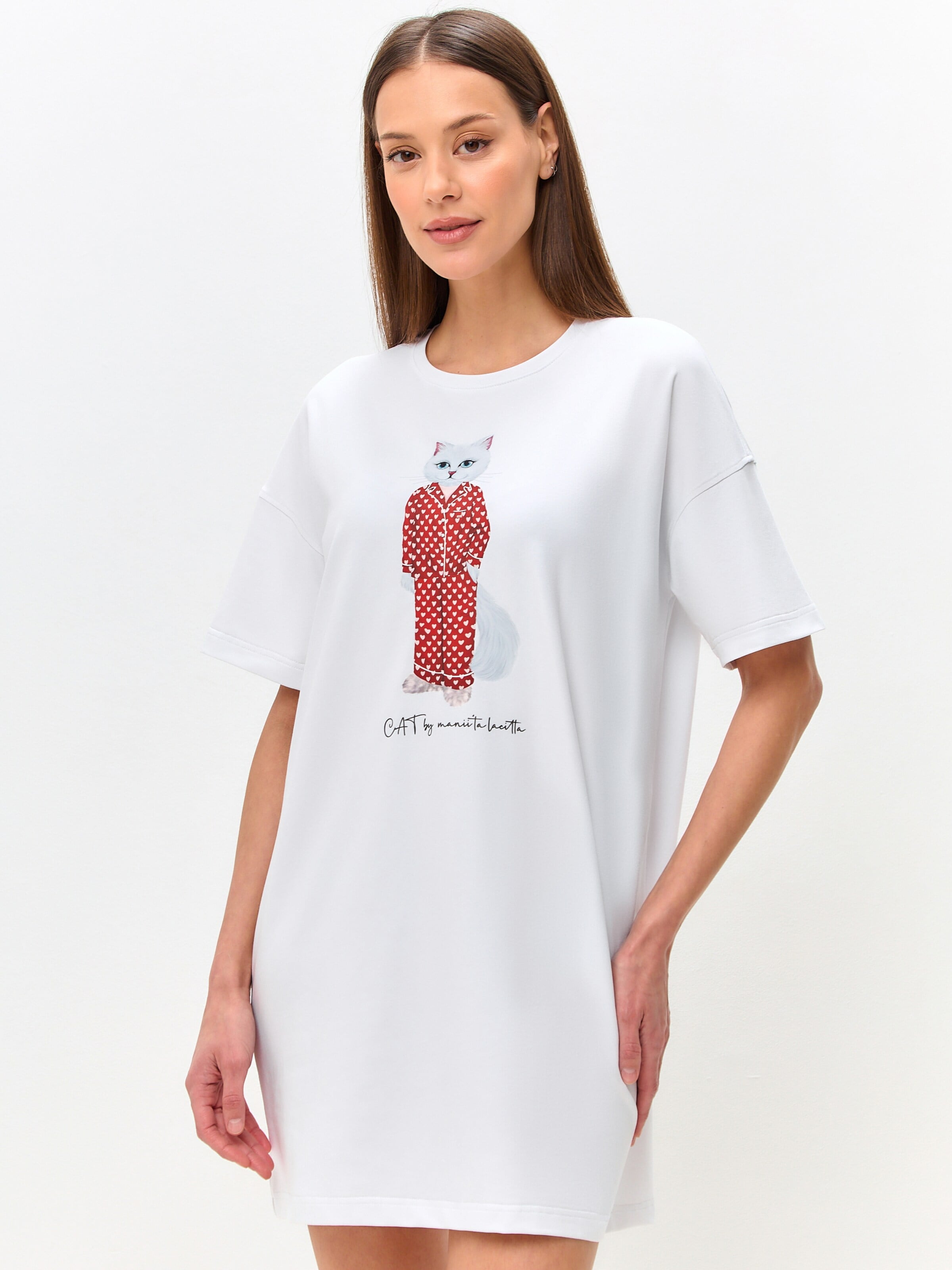 Cat e Lolette Shirt 'Pajamas Cat'‌‌‌‌‌‌‌‌‌ in Weiß: Vorderseite