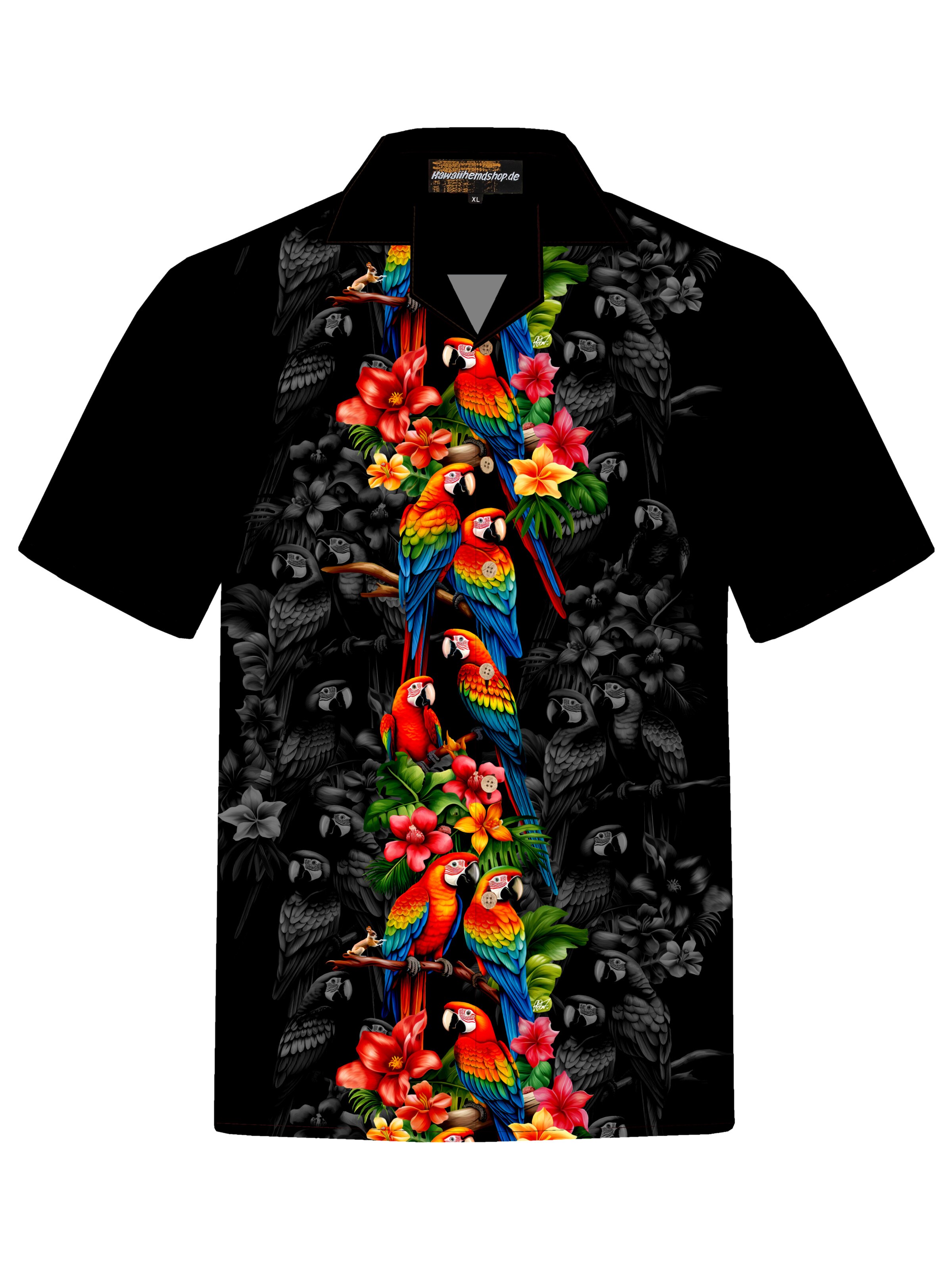 Hawaiihemdshop.de - Ajuste regular Camisa &#x27;Hawaiihemd Parrots Elegance&#x27; en negro: frente