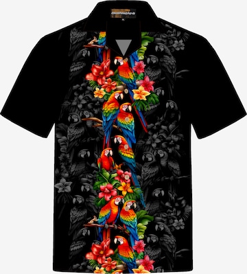 Hawaiihemdshop.de Regular Fit Hemd 'Parrots Elegance' in Schwarz: Vorderseite