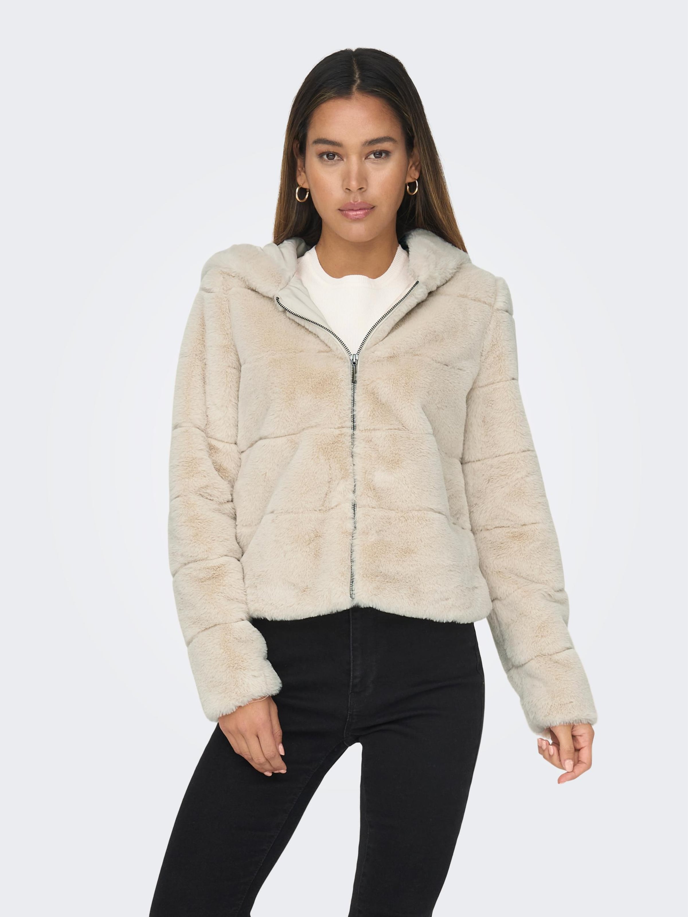 Buy ONLY Beige Faux Fur Hooded Jacket online