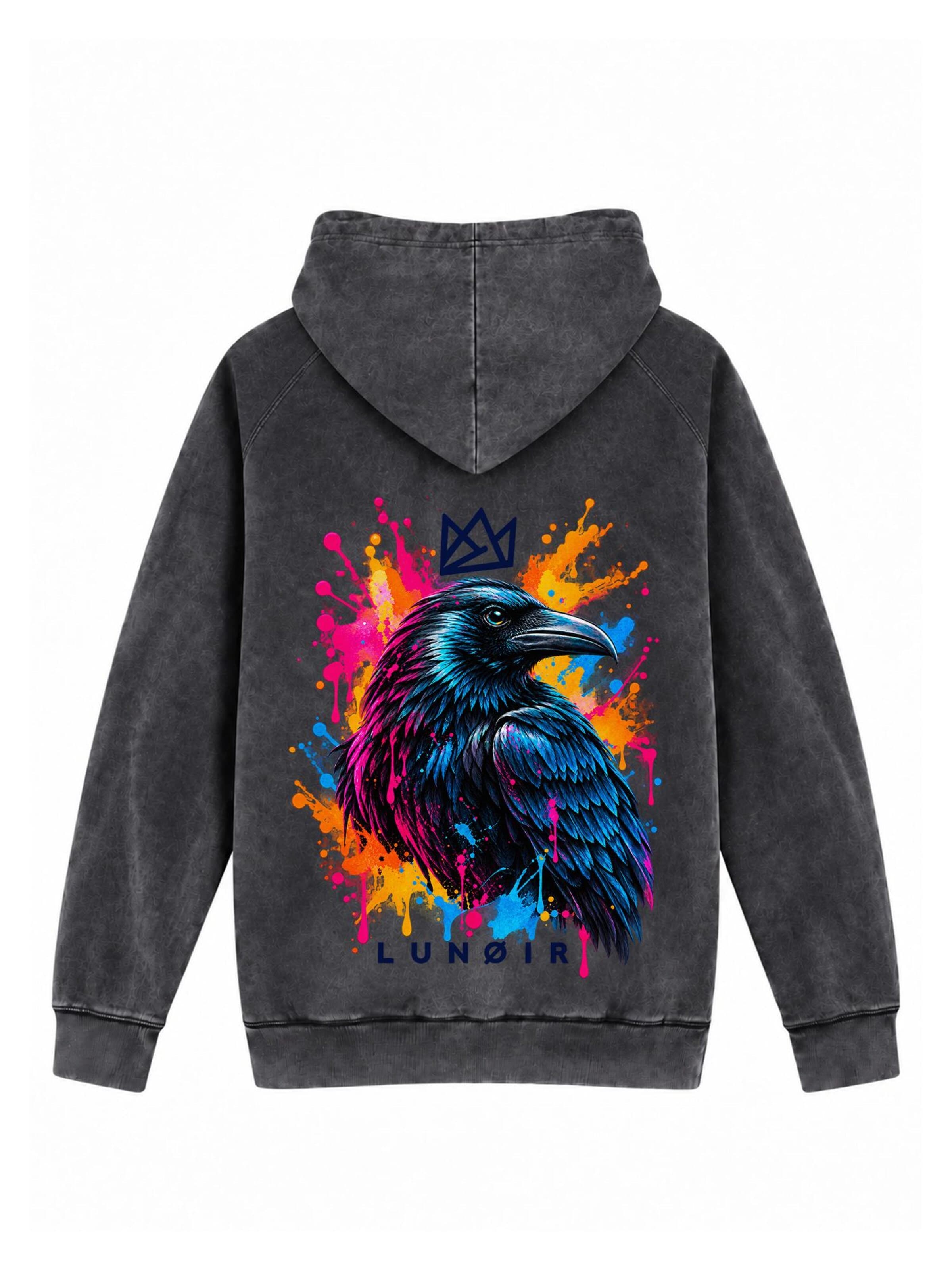 LUNØIR StudioSweater majica 'Tropical Riot – Neon Raven' - crna boja: prednji dio