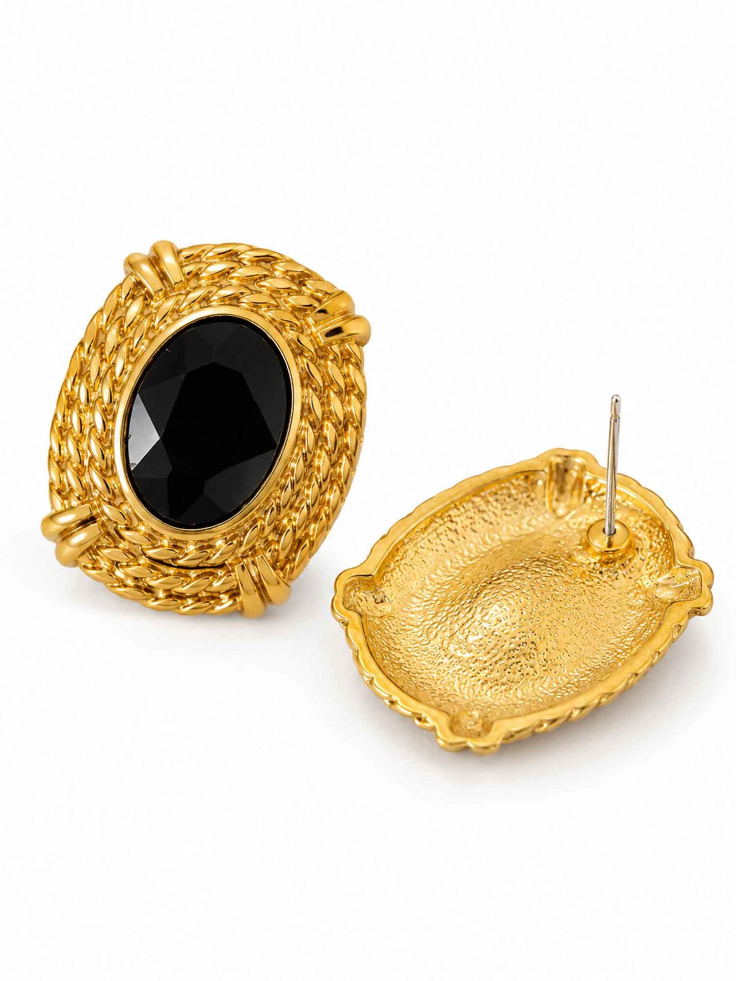 RteRme Earrings 'Atenea Black Glass Gold Earrings' in Gold
