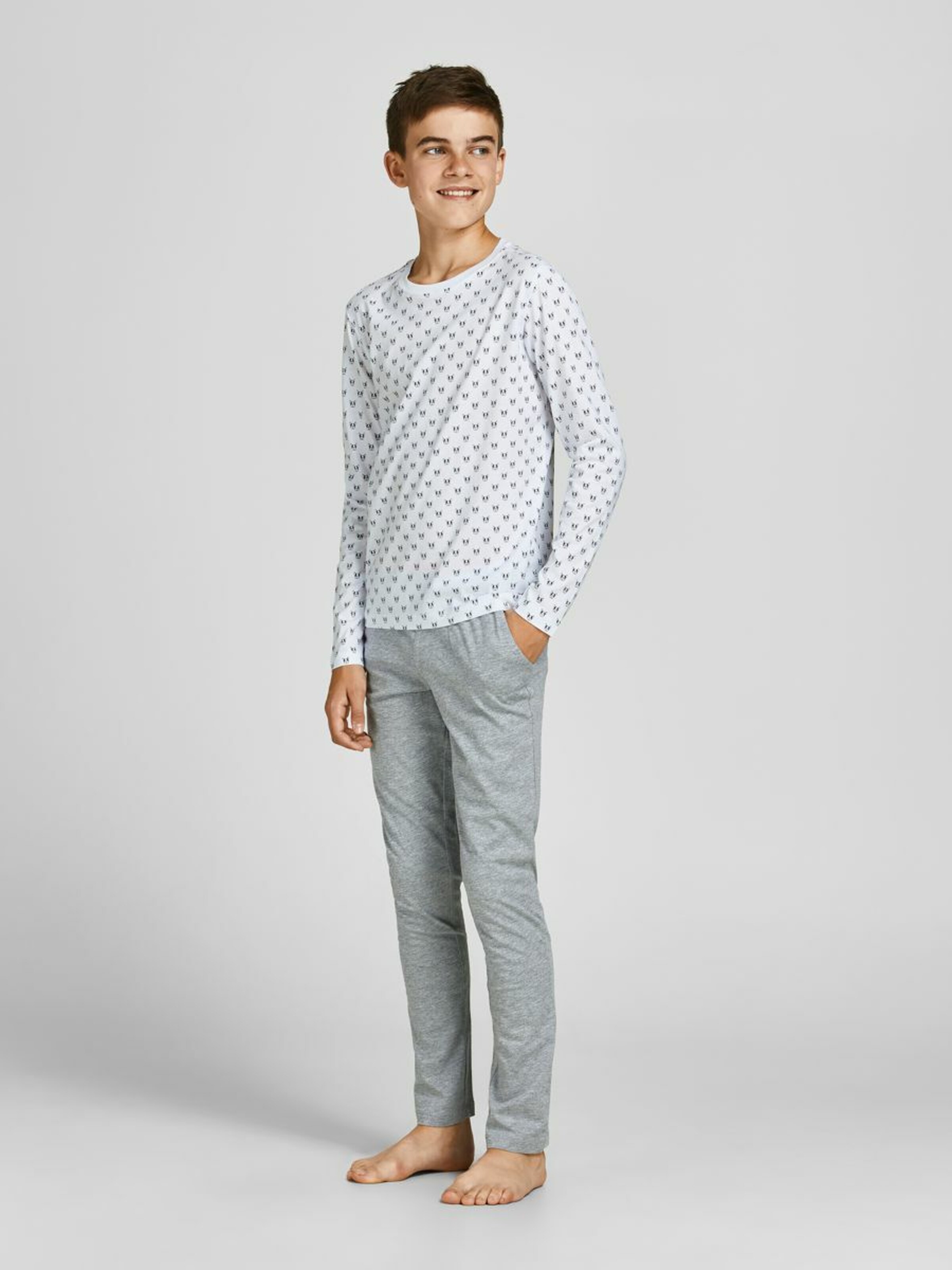 Kinder Teens (Gr. 140-176) Jack & Jones Junior Schlafanzug 'Denim Hund' in Grau, Weiß - FU28942 Kinder Teens (Gr. 140-176) Jack & Jones Junior Schlafanzug 'Denim Hund' in Grau, Weiß - FU28942