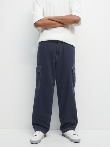 Pull&Bear Široke hlačnice Kargo hlače | modra barva: sprednja stran