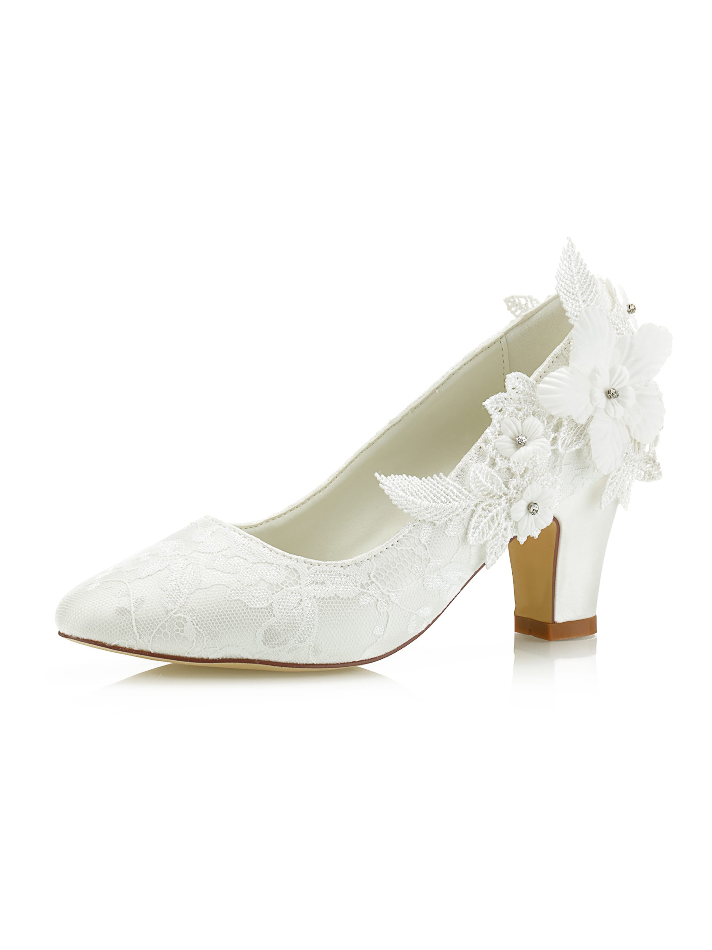 jiajia Pumps 'Lace Pointed Toe Mid Heel Bridal Pumps with 3D Floral Appliqué' in Beige: front