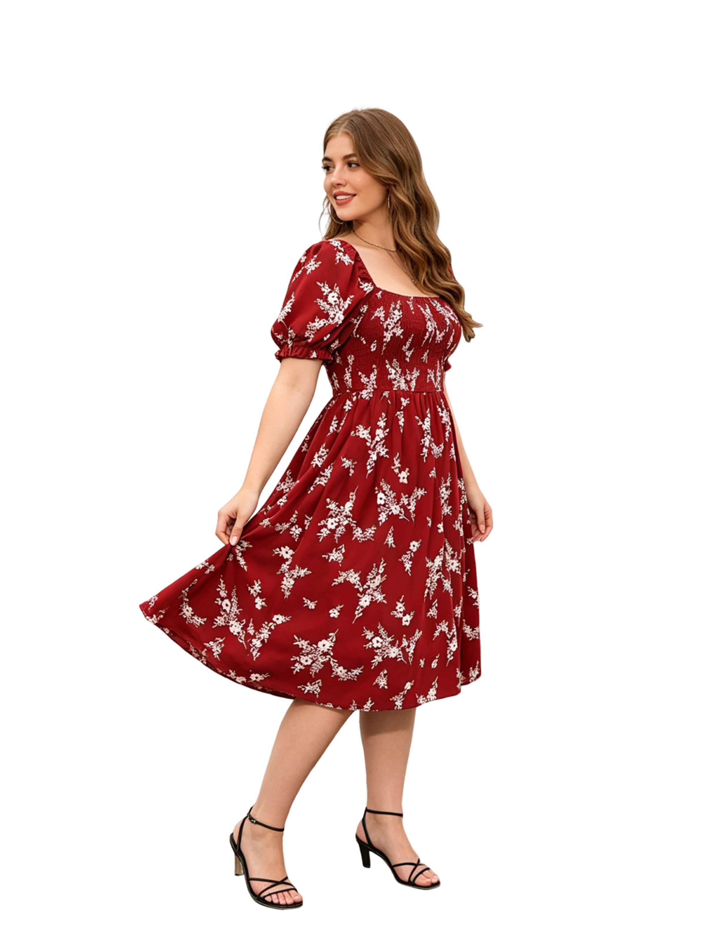 KoJooin Sukienka 'Große Größen Sommer Kleid Blumenprint Midi Puffärmel Freizeit Standkleid' w kolorze czerwony