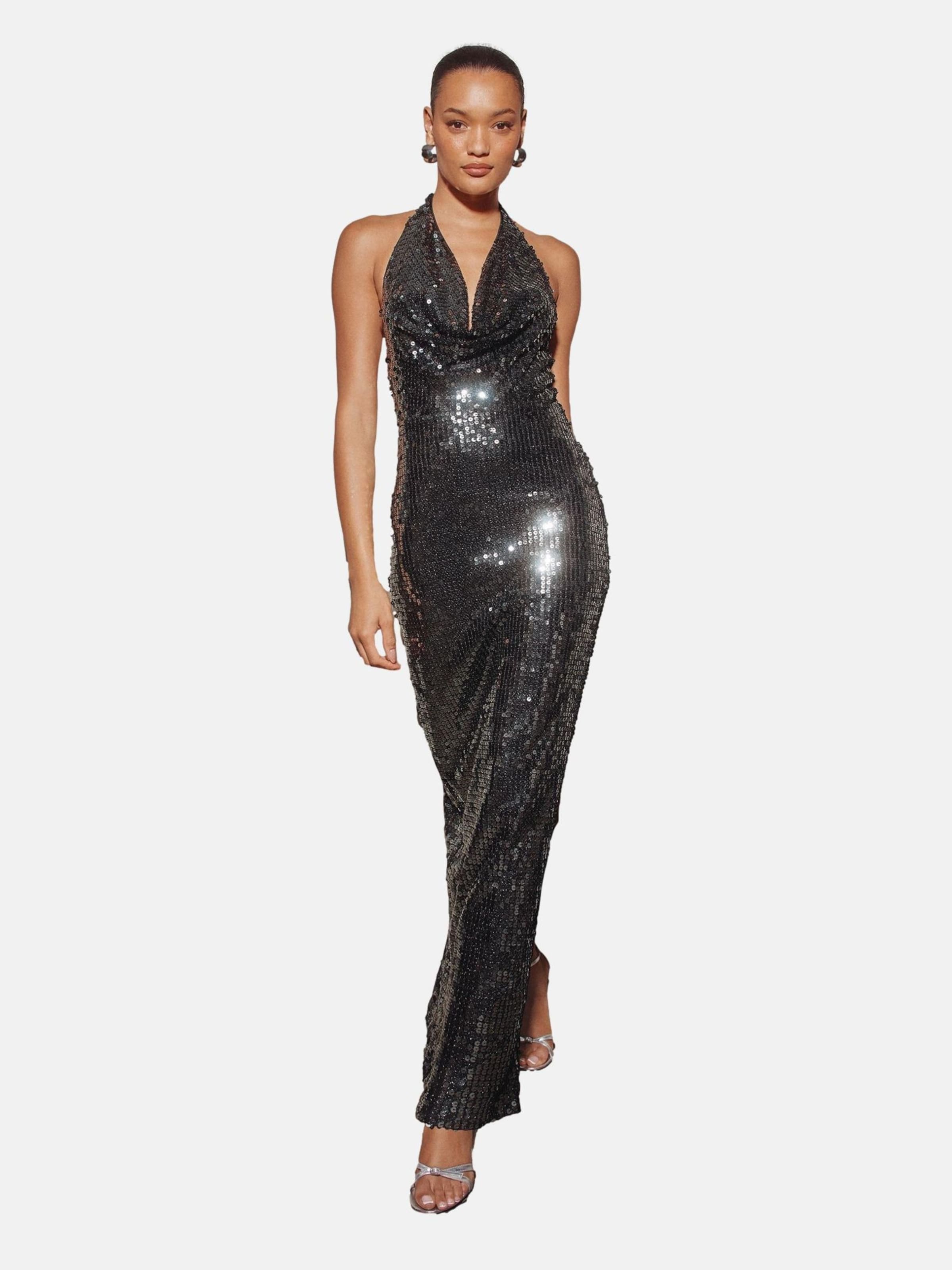 slim fit dress slacks LIPSY Black Gunmetal Sequin Cowl Halter Neck Midi Dress UK 10 – Reliked main image 0