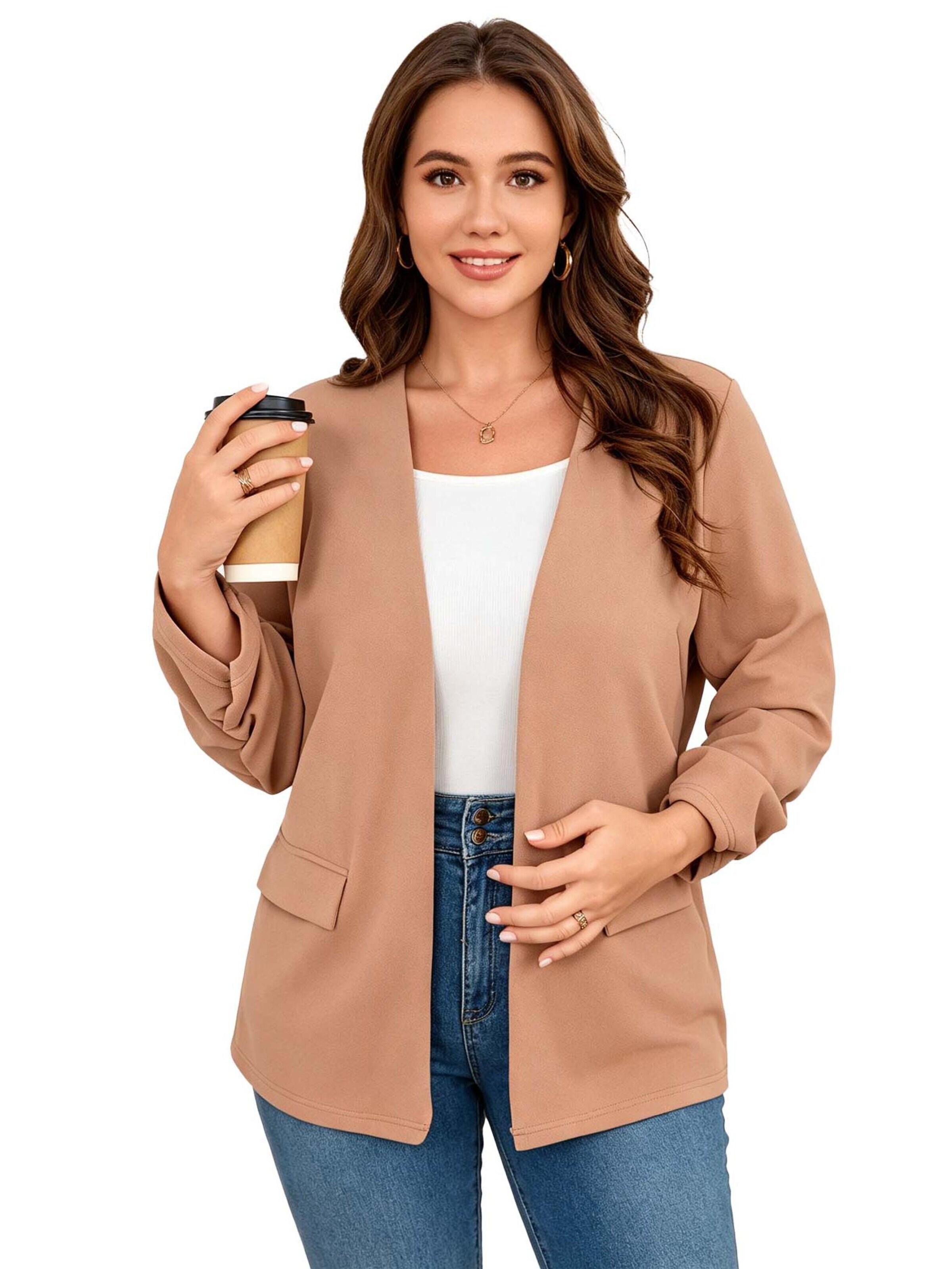 KoJooin Marynarka 'Blazer in Übergröße für Damen, lässig, fürs Büro, langärmelig, mit Knopfleiste und Taschen' w kolorze beżowy