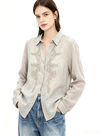 yoligex Shirt 'Oversize-Leinenbluse mit floraler Stickerei und Perlendetails' in White: front