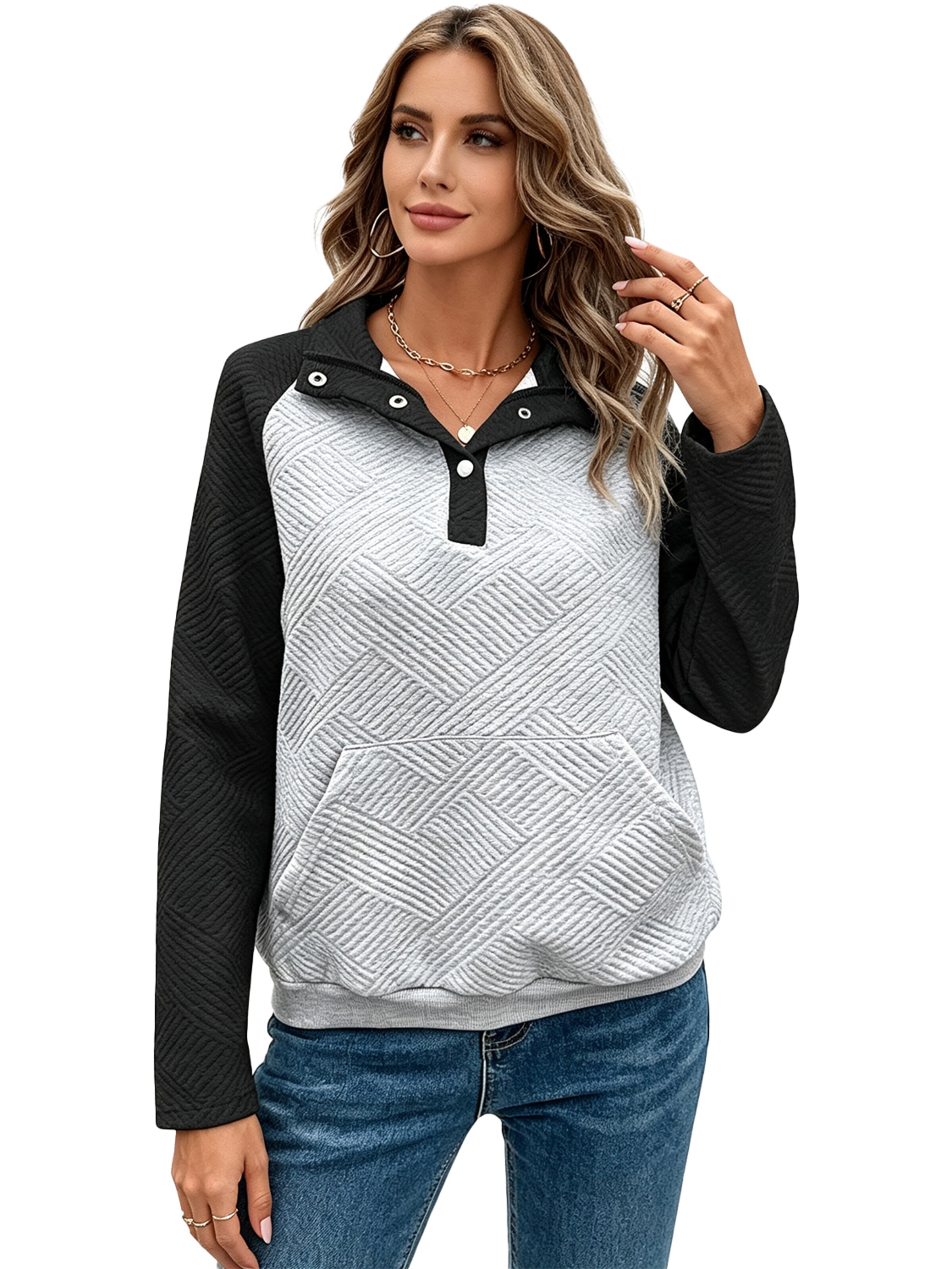 KoJooin Bluzka 'Damen Langarm Pullover mit Polo-Kragen im Colorblock-Design – Lässiger und schlichter Freizeitstyle' w kolorze czarny
