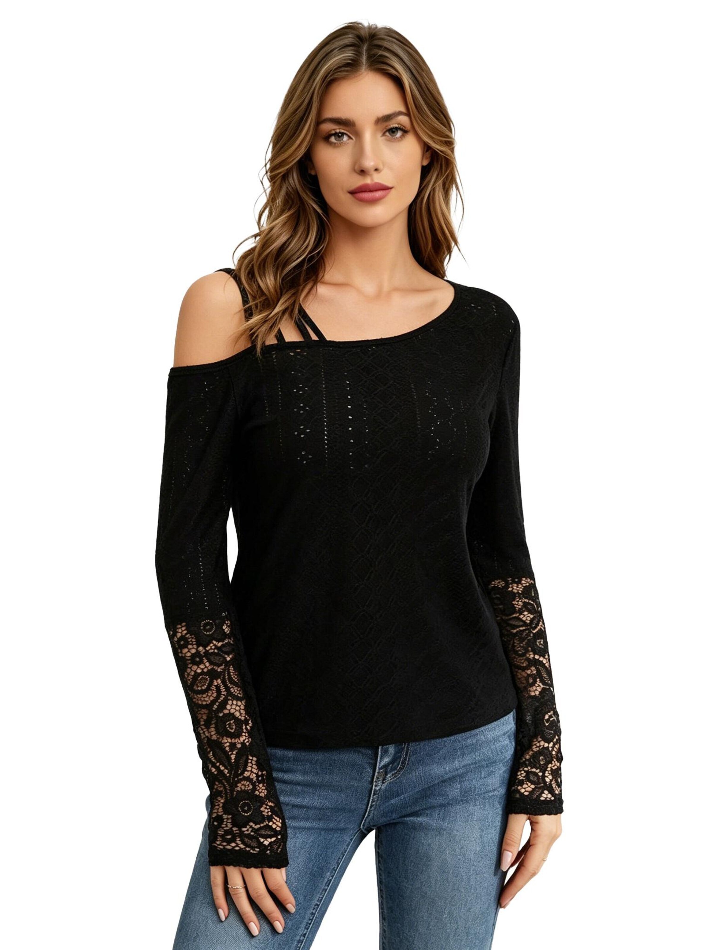 KoJooin Shirt 'Damen Langarmtop Mit Asymmetrischem Off-Shoulder Design Und Spitzenbesatz'‌‌‌‌‌‌‌ in Schwarz: Vorderseite