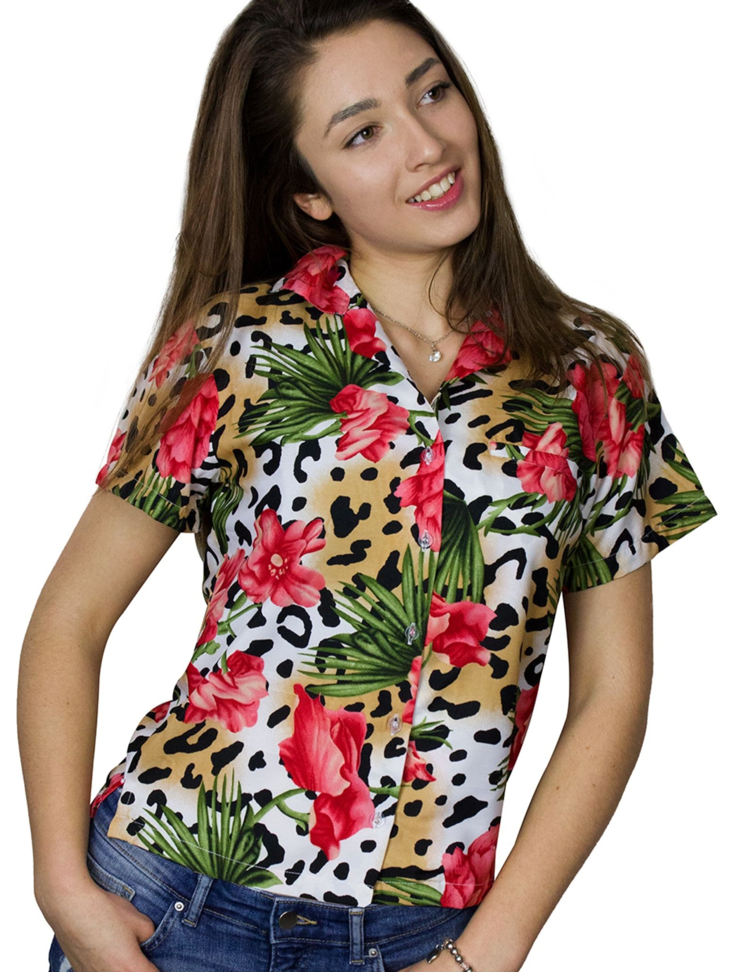 King Kameha Blouse 'Leopard Flowers' in Beige: front