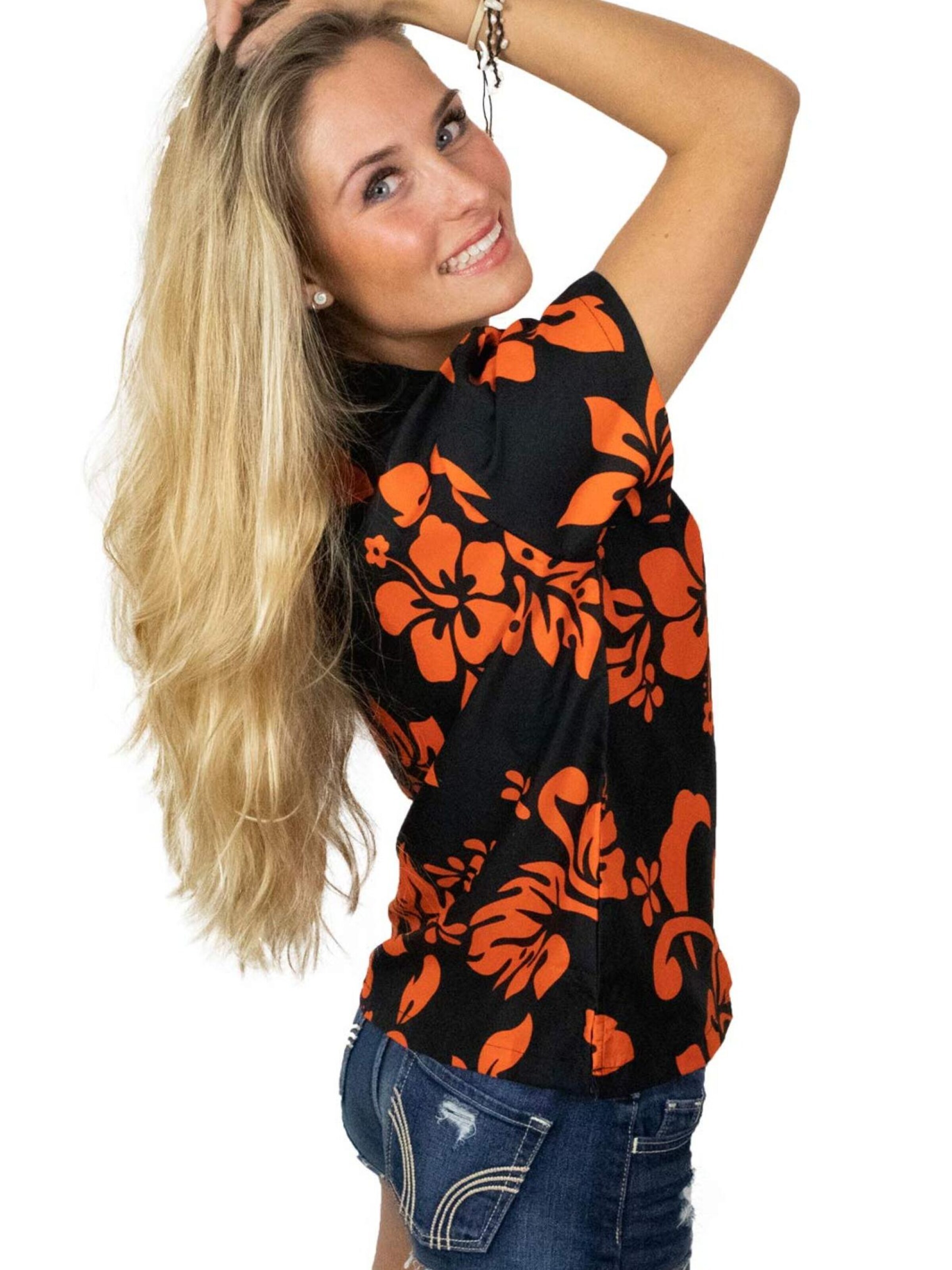 King Kameha Bluse 'Hibiscus Black Line'‌‌‌‌‌‌‌‌ in Orange