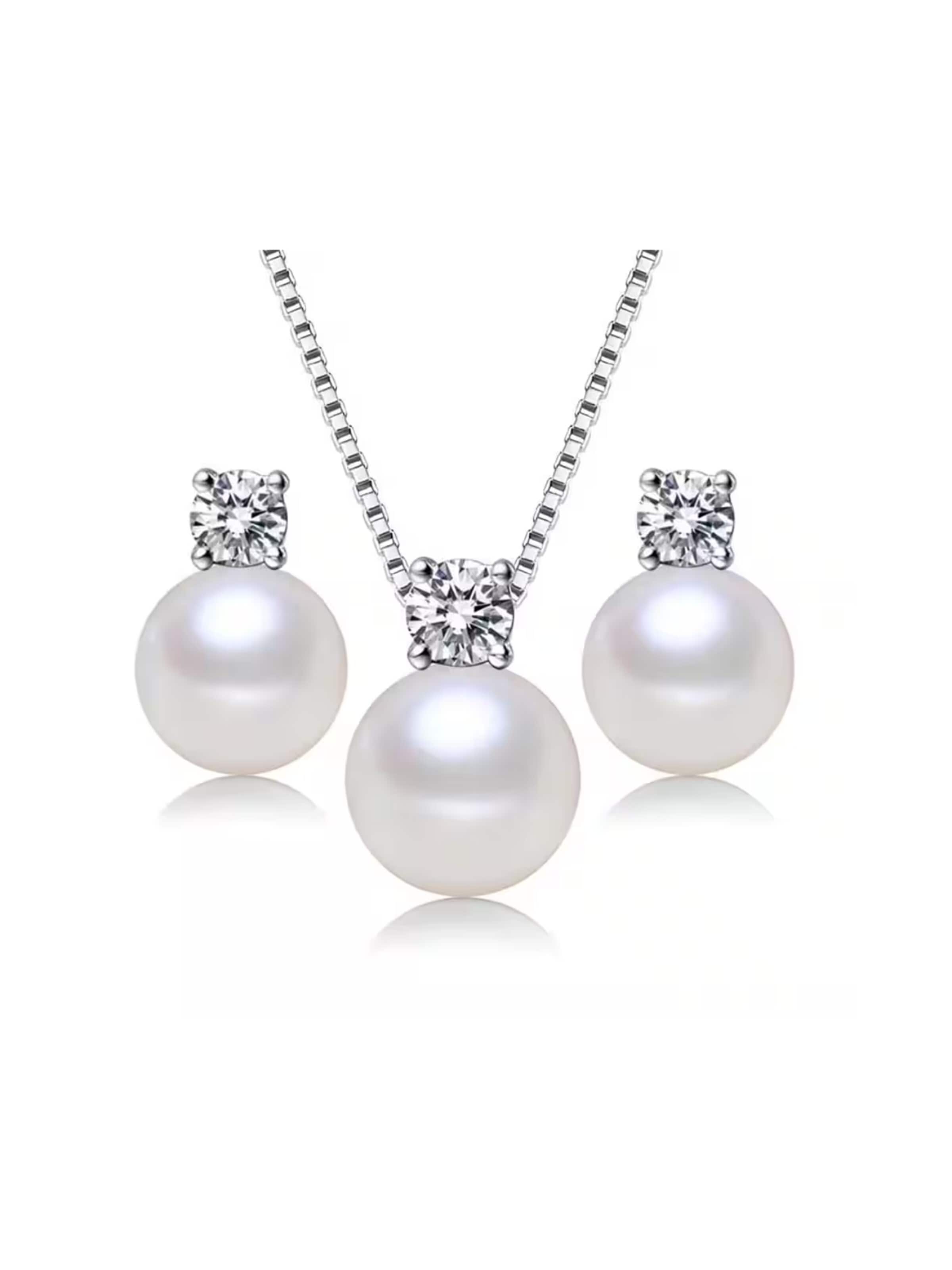 ROUGEMONT Jewellery Necklace 'Perlen Schmuckset Süßwasser Perle Ohrstecker+Halskette 45cm' in Silver: front