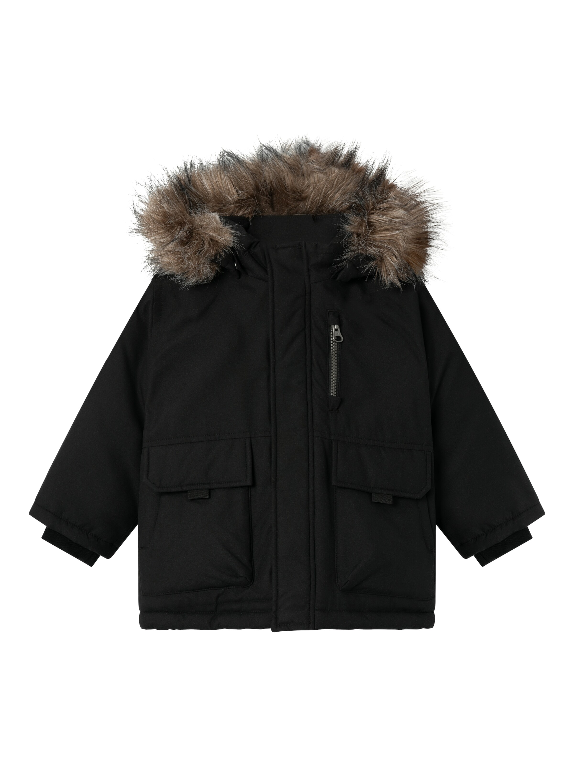 NAME IT Jungen Mantel Schwarz - Mit Abnehmbarer Kunstfell Kapuze