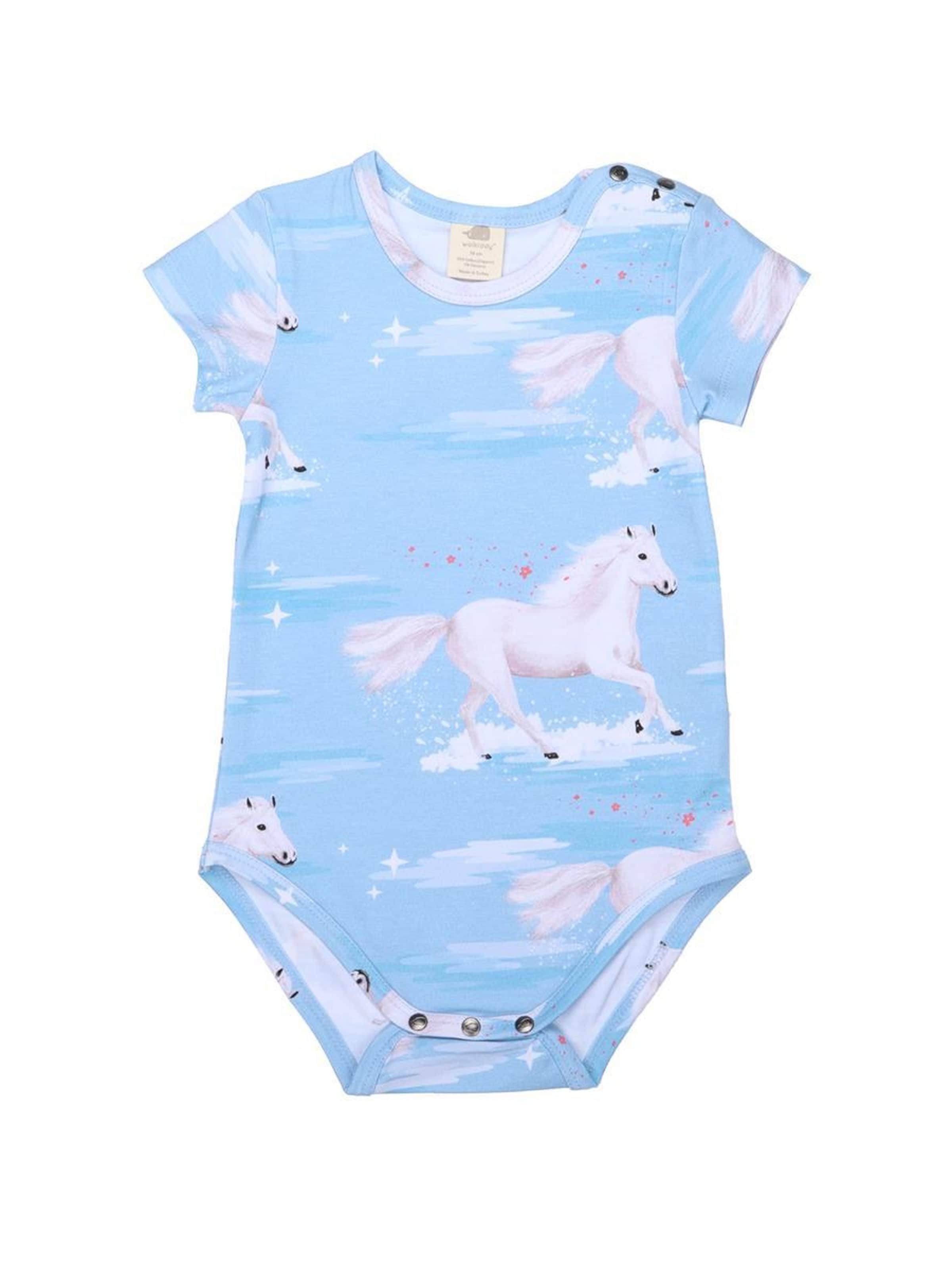 Walkiddy Romper/Bodysuit 'White Horses' in Blue: front