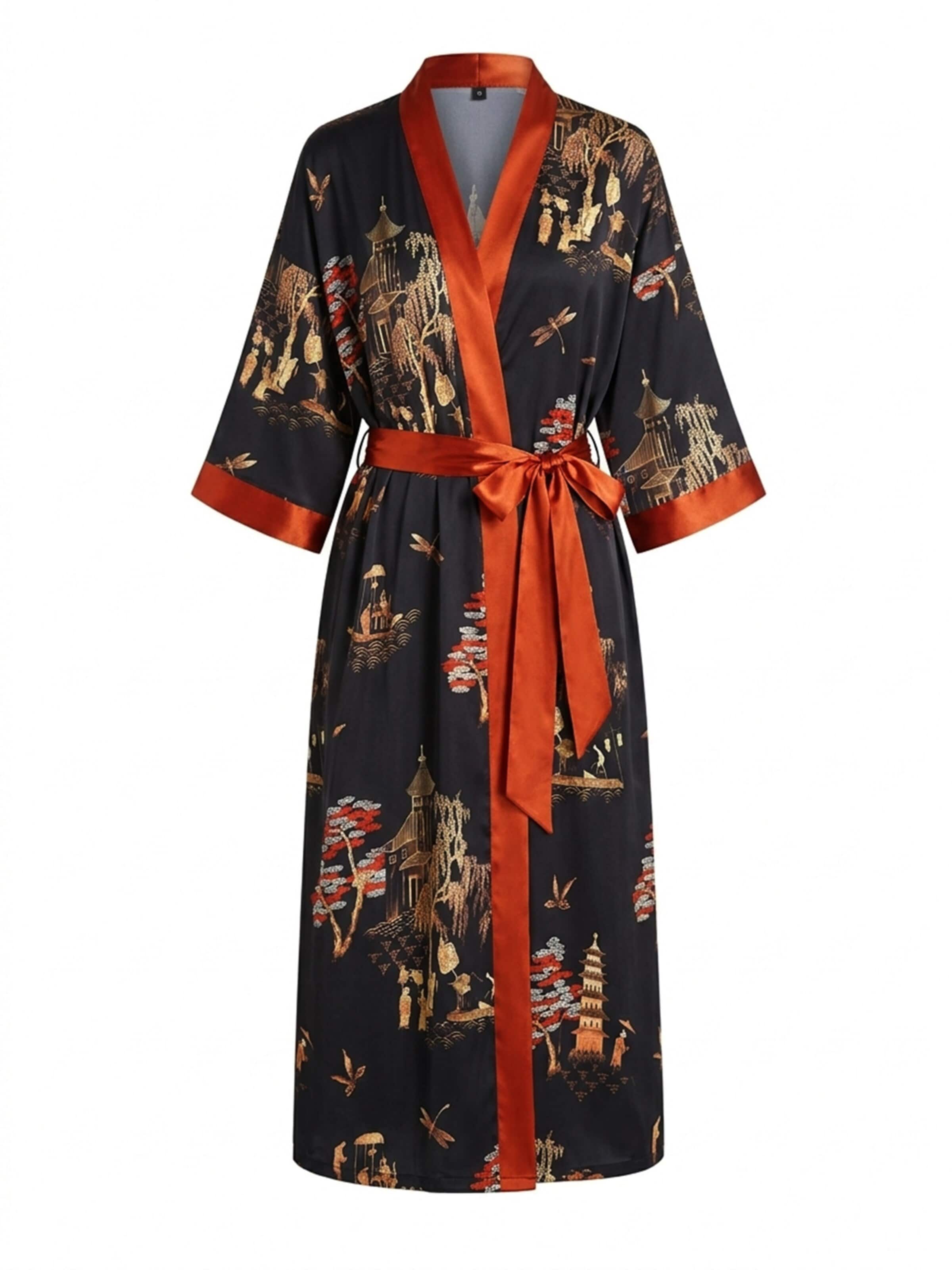 Vivi Idee Morgenmantel 'Kimono Weidenblick'‌‌‌‌‌‌‌‌ in Schwarz: Vorderseite