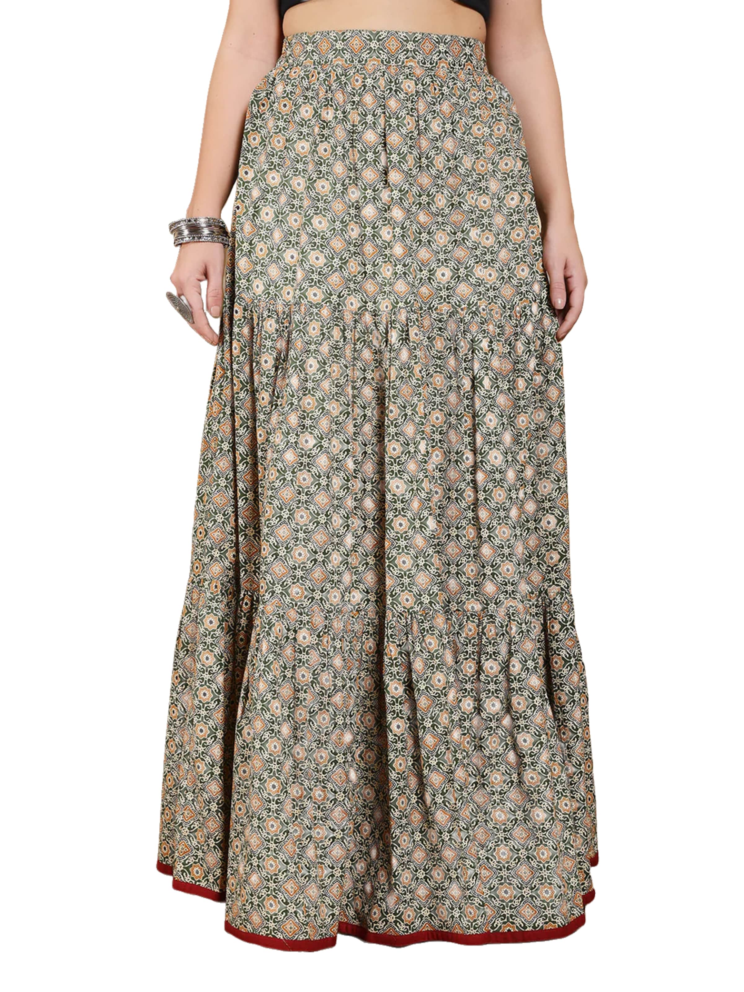 PfauGermany Skirt 'FIORRA Women's Olive Green Printed Cotton Flared Skirt' in Green: front