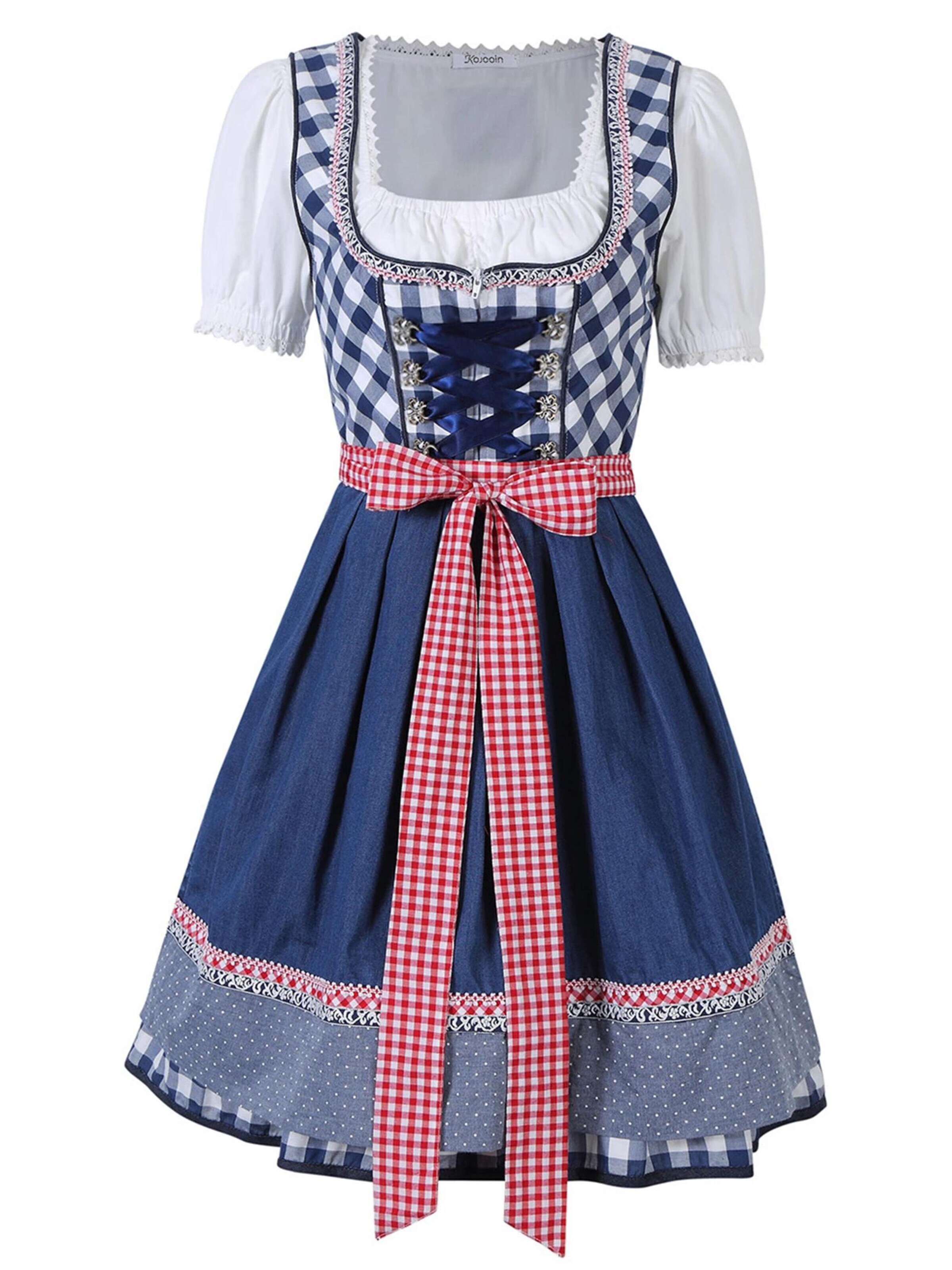 KoJooin Dirndl 'Damen 3-teiliges Fest-Set blauem Jeans-Patchwork-Karo-Rock, passend für Oktoberfest,Halloween' w kolorze niebieski