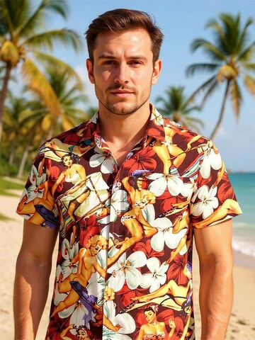 Hawaiihemdshop.de - Regular Fit Camisa 'Hawaiihemd Flower Girls (red) 2.0' em vermelho