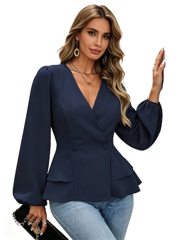 KoJooin Blouse 'Damen Wickelkleid mit V-Ausschnitt, Peplum und Puffärmeln – Elegante Bluse mit Knopfleiste für Büro' in Blue